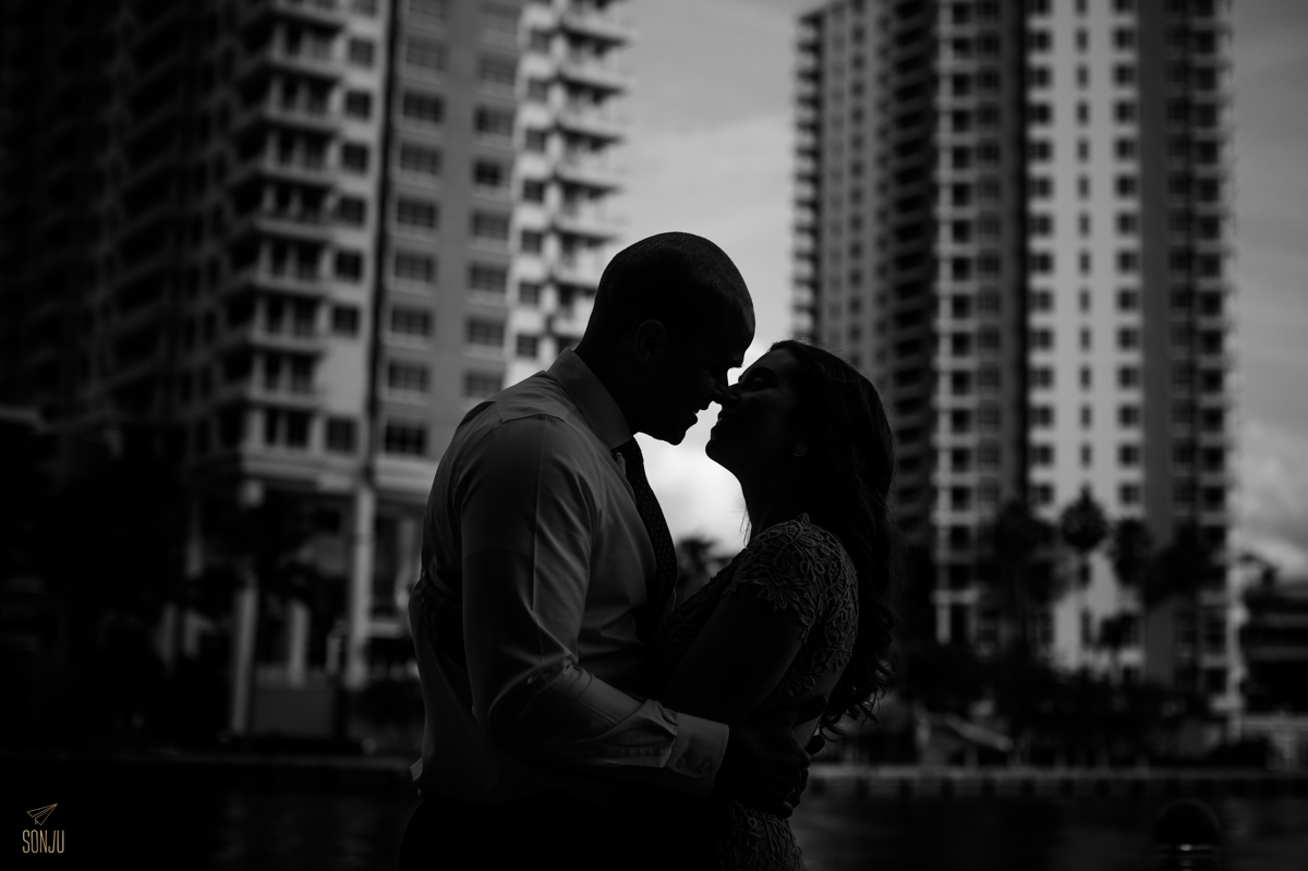 black and white silhouette from an Engagement session in Brickell, Florida 