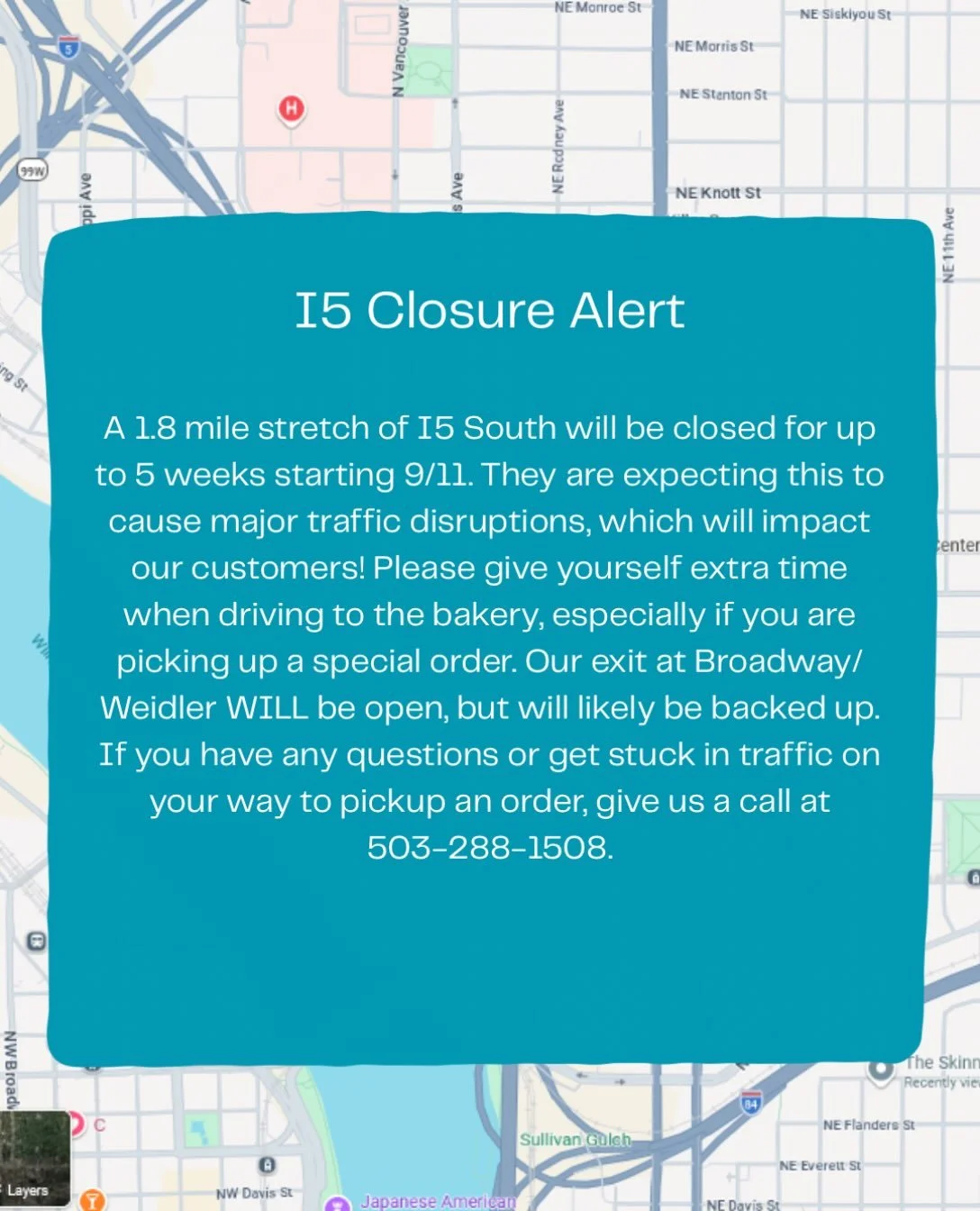 I&rsquo;m sure you&rsquo;ve heard already but we have some major traffic jams on the horizon! Please be aware when you&rsquo;re coming to the bakery that roads may be backed up. If you have an order to pick up and are stuck in traffic and don&rsquo;t