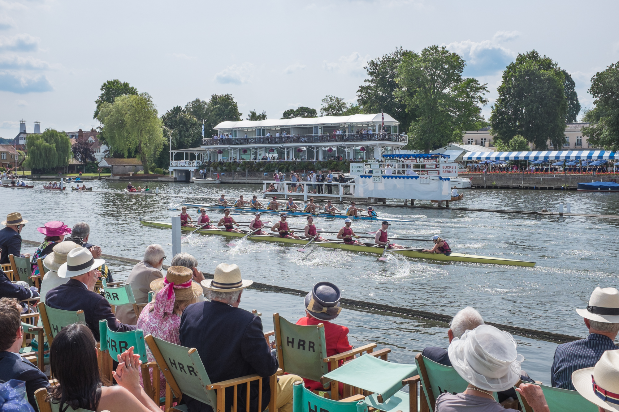  Crews from the Cambridge 99 Rowing Club and Vesta Rowing Club battle it out for a place in the next round of the Thames Challenge Cup at Henley Royal Regatta 
