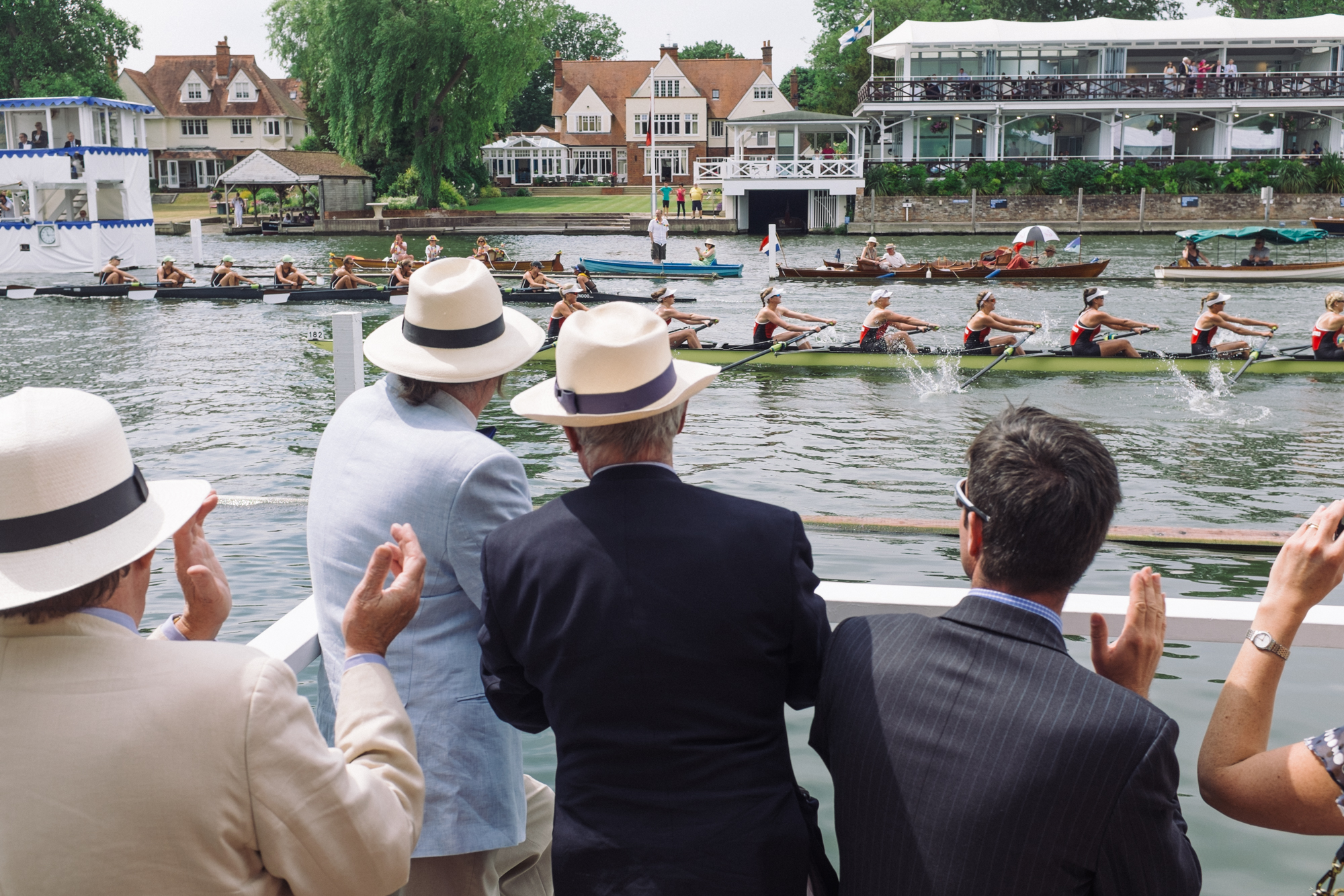  Crews race in the Remenham Challenge Cup – an event for women's eights. Woman were first allowed to compete at Henley Royal in 1993, although the number of events open to them today is still less than is available for men. 