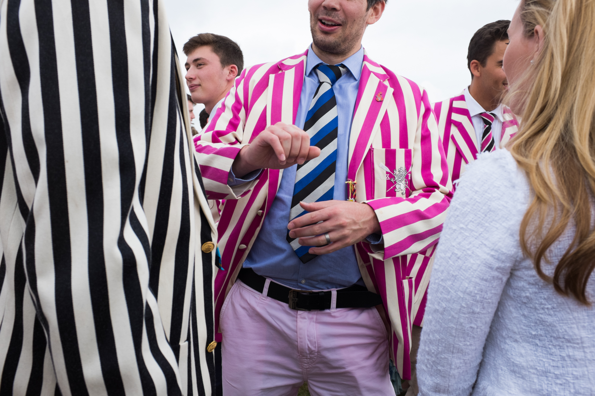  Rowers from Abingdon School, wearing their distinctive blazers, mingle with the crowds  at Henley Royal Regatta. 