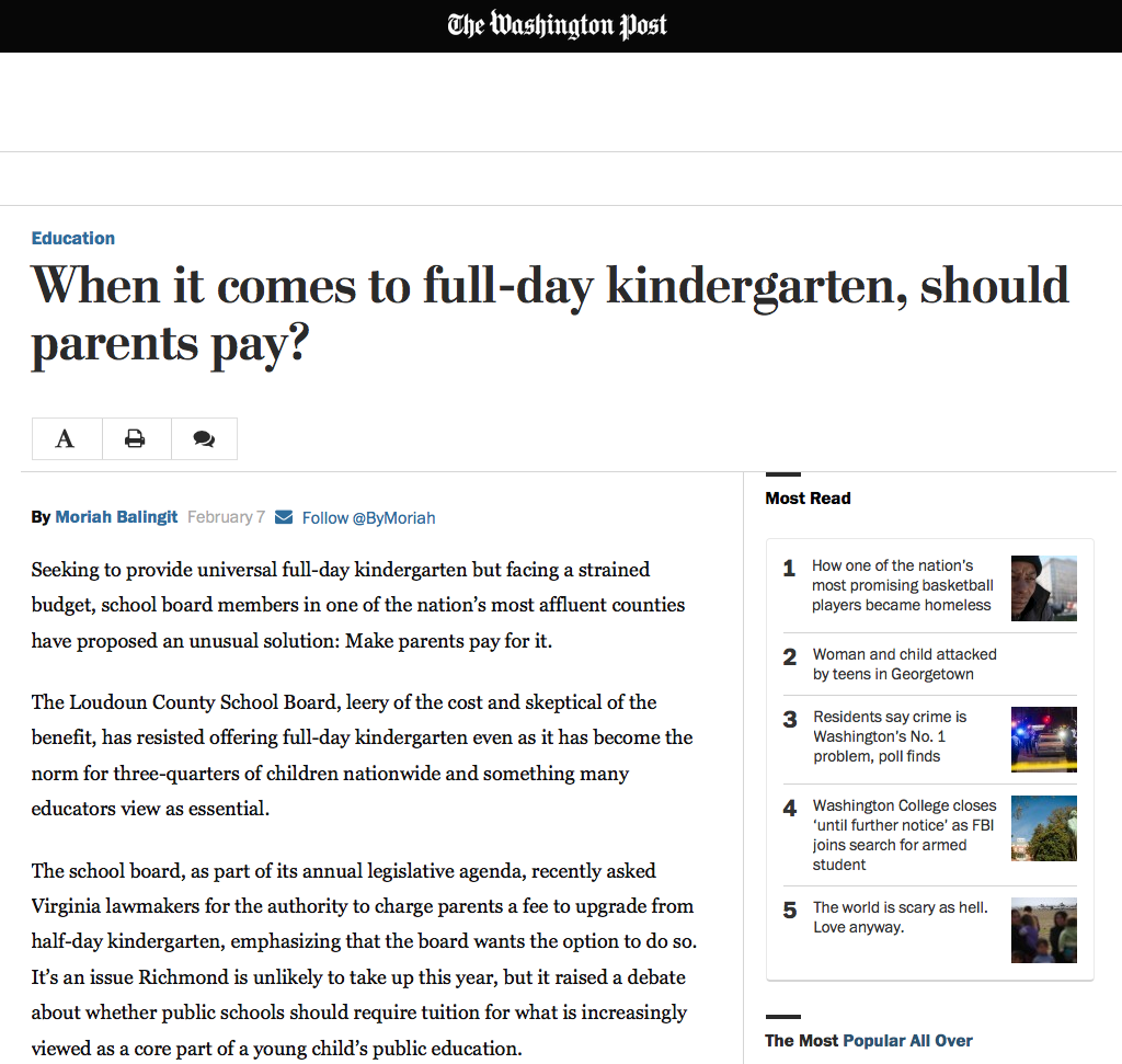The Washington Post cites research in exploring who should pay for full-day kindergarten .