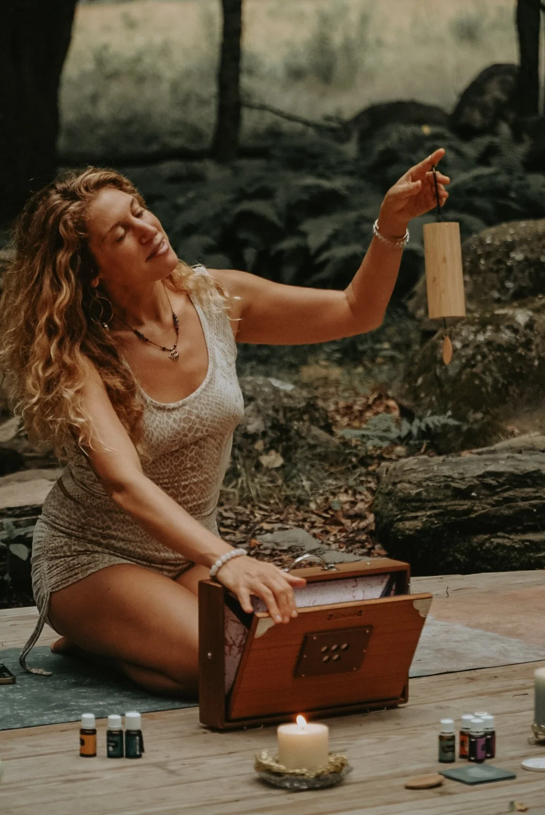 Fern Olivia guiding breathwork with sound healing in the jungle in Costa Rica