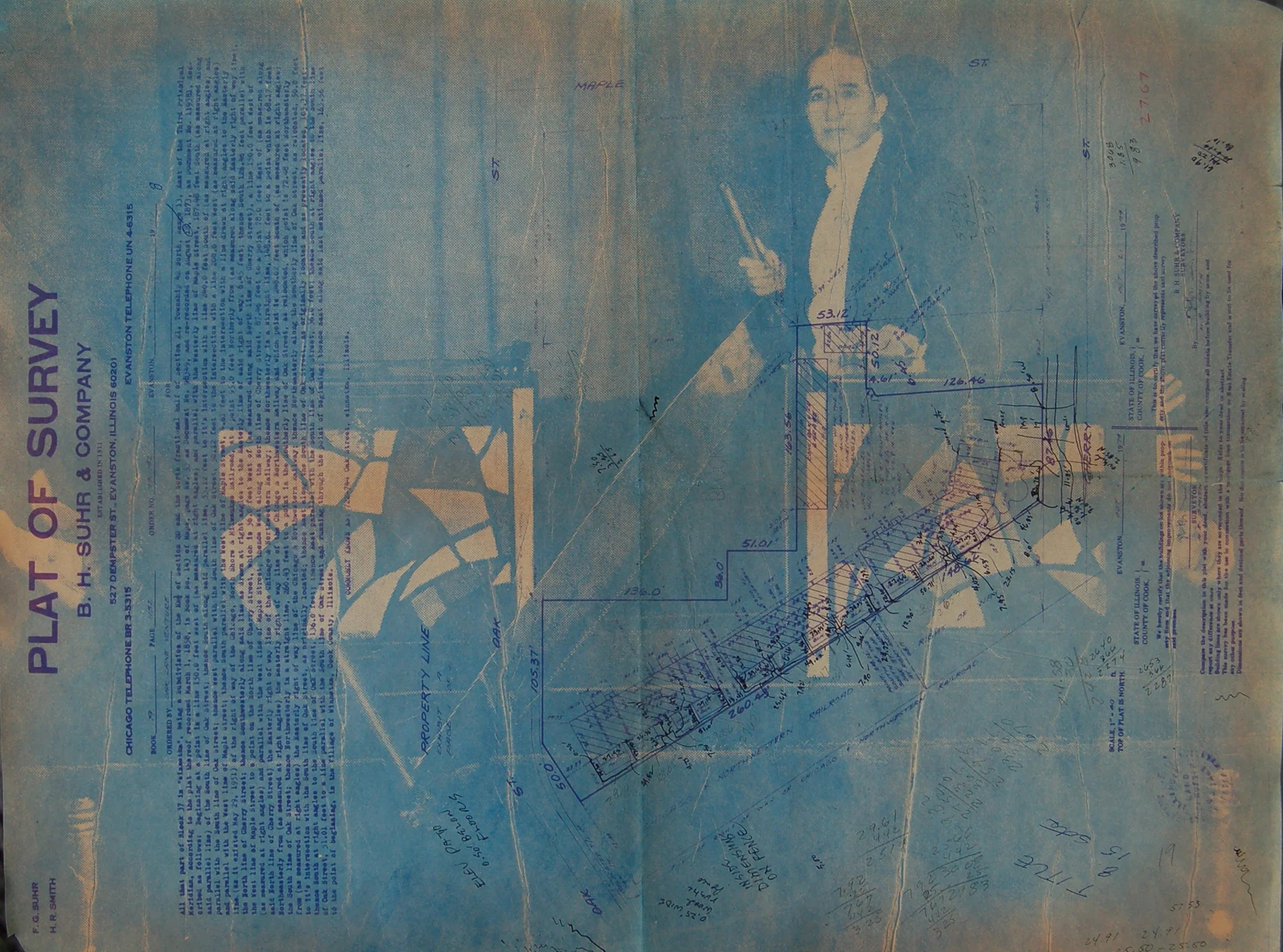    Magic    Gum Arabic Transfer Print on Found Architectural Blueprint  24" x 18" 