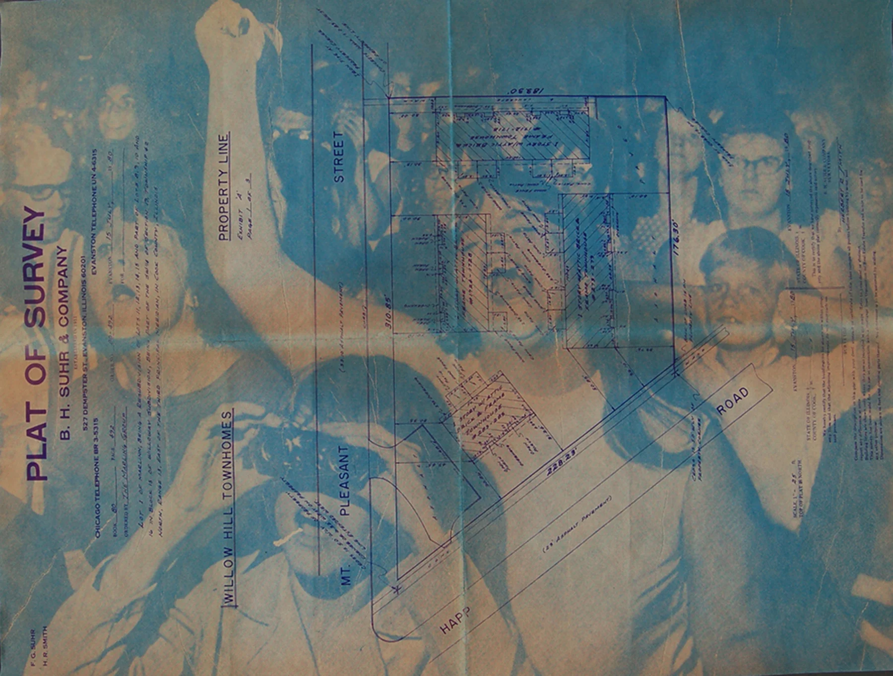    Emotions    Gum Arabic Transfer Print on Found Architectural Blueprint  24" x 18" 