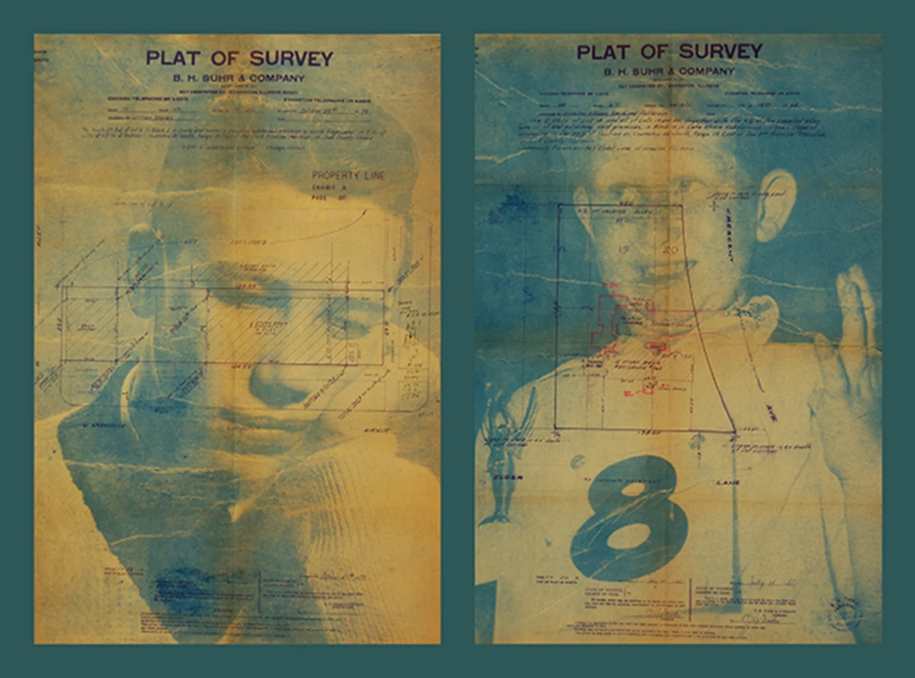    Emotions   and   Contests    Gum Arabic Transfer Print on Found Architectural Blueprint  24" x 18" each 
