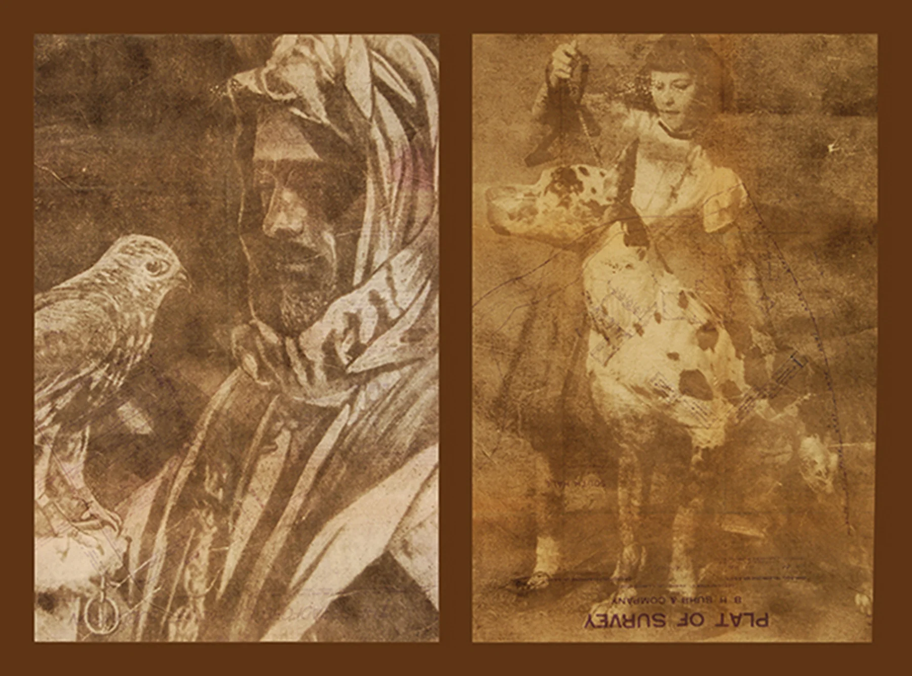    Falconry   and   Pets    Gum Arabic Transfer Print on Found Architectural Blueprint  24" x 18" each 