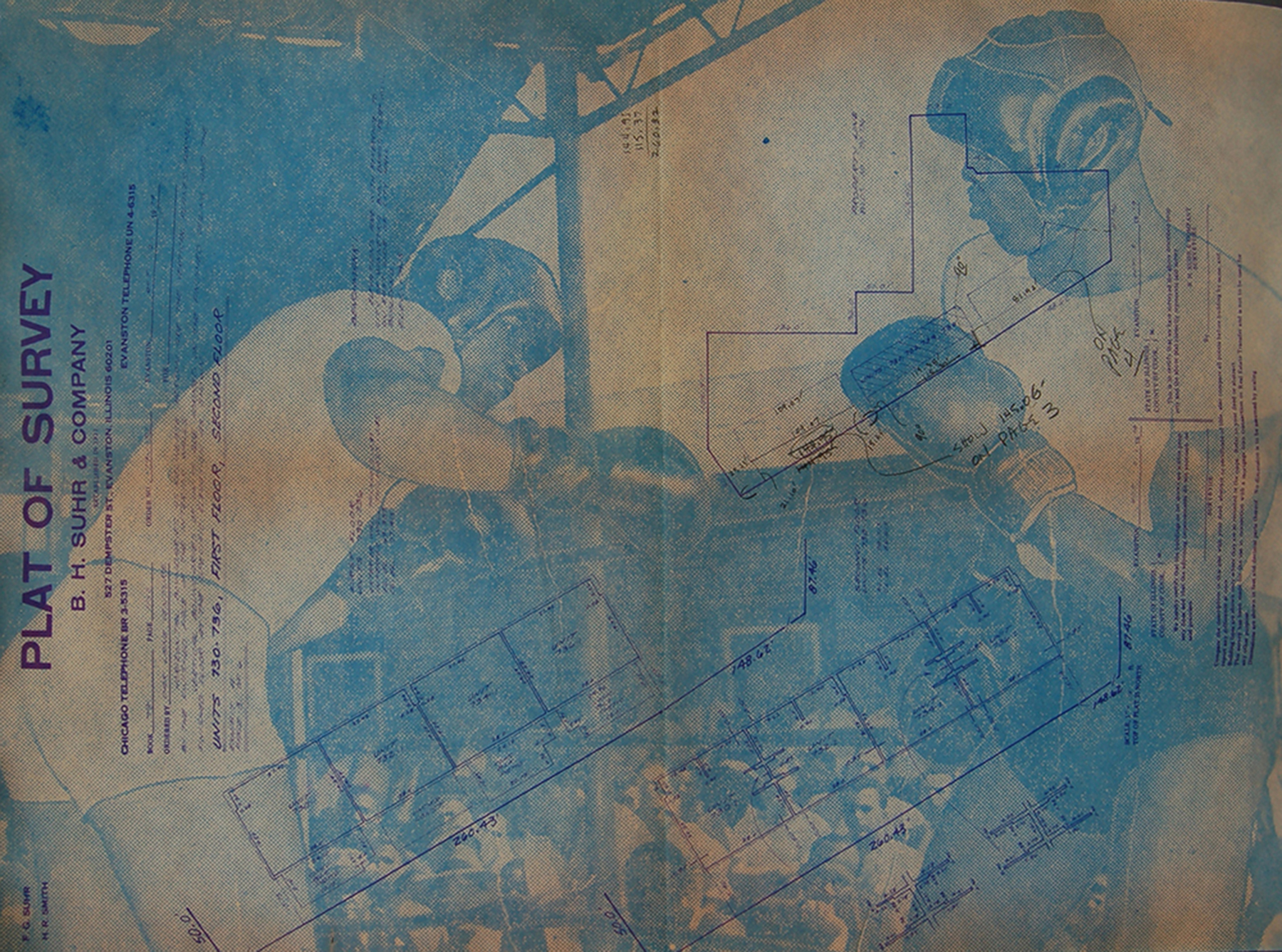    Boxing    Gum Arabic Transfer Print on Found Architectural Blueprint  24" x 18" 