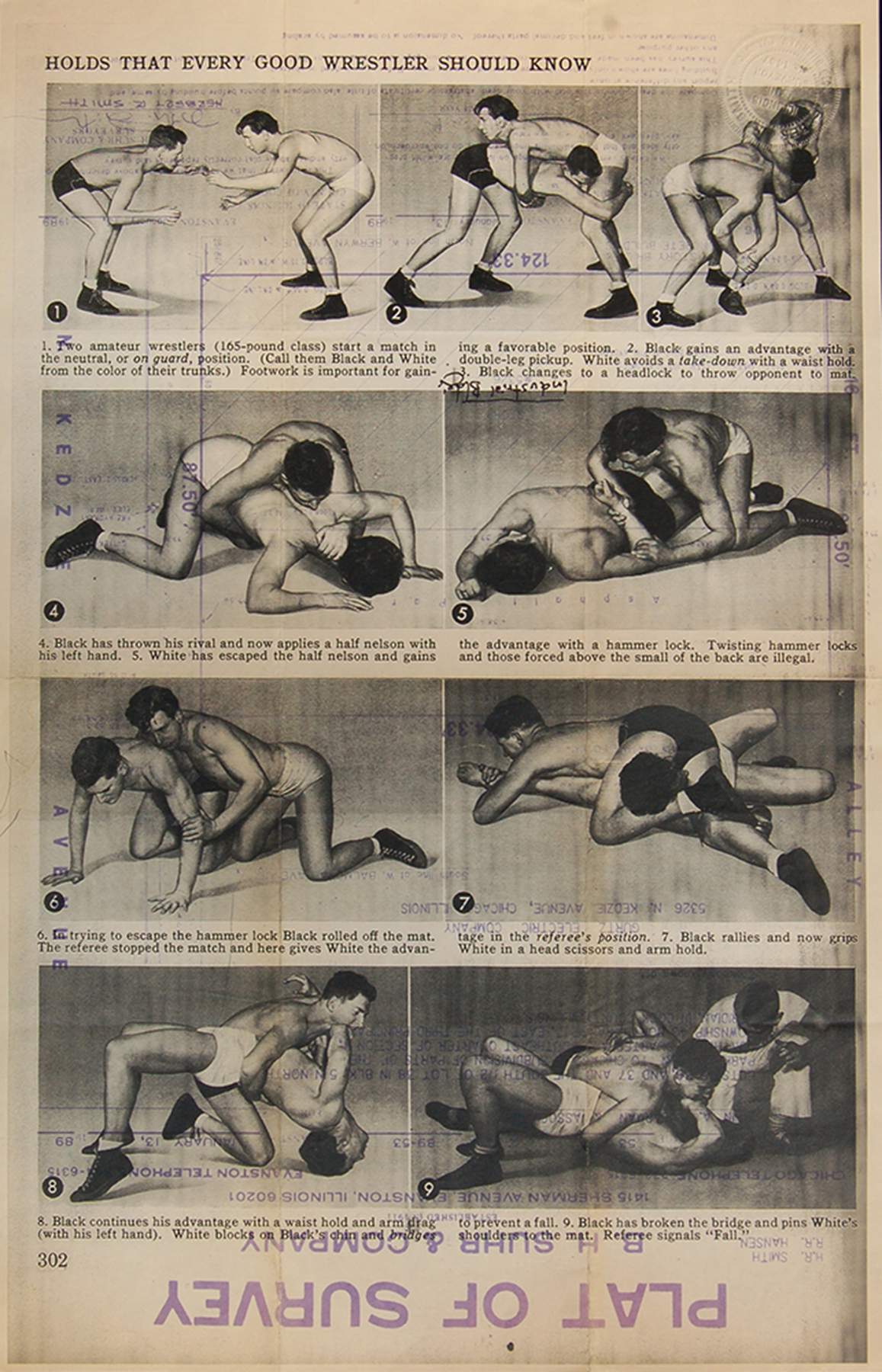    Wrestling    Gum Arabic Transfer Print on Found Architectural Blueprint  11" x 17" 