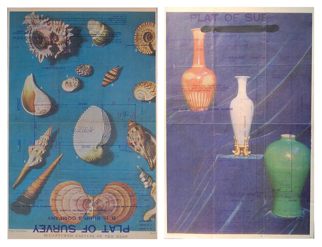    Shells   and   Vases    Gum Arabic Transfer Print on Found Architectural Blueprint  11" x 17" each 