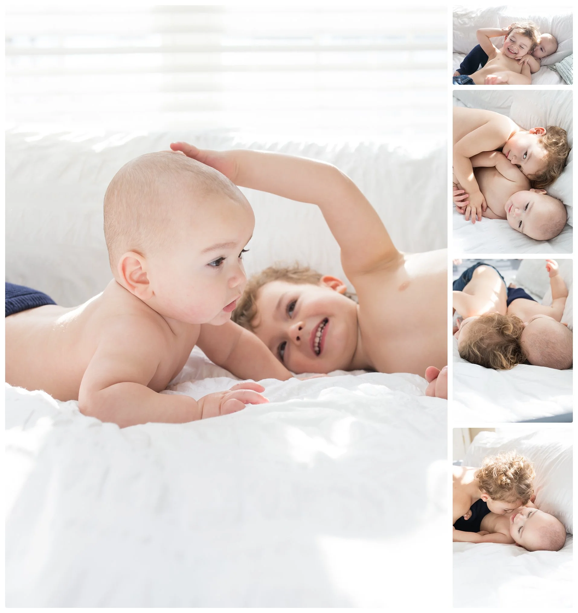 Toddler brother and six month old wrestle on bed during in-home relaxed session in Boston Massachusetts