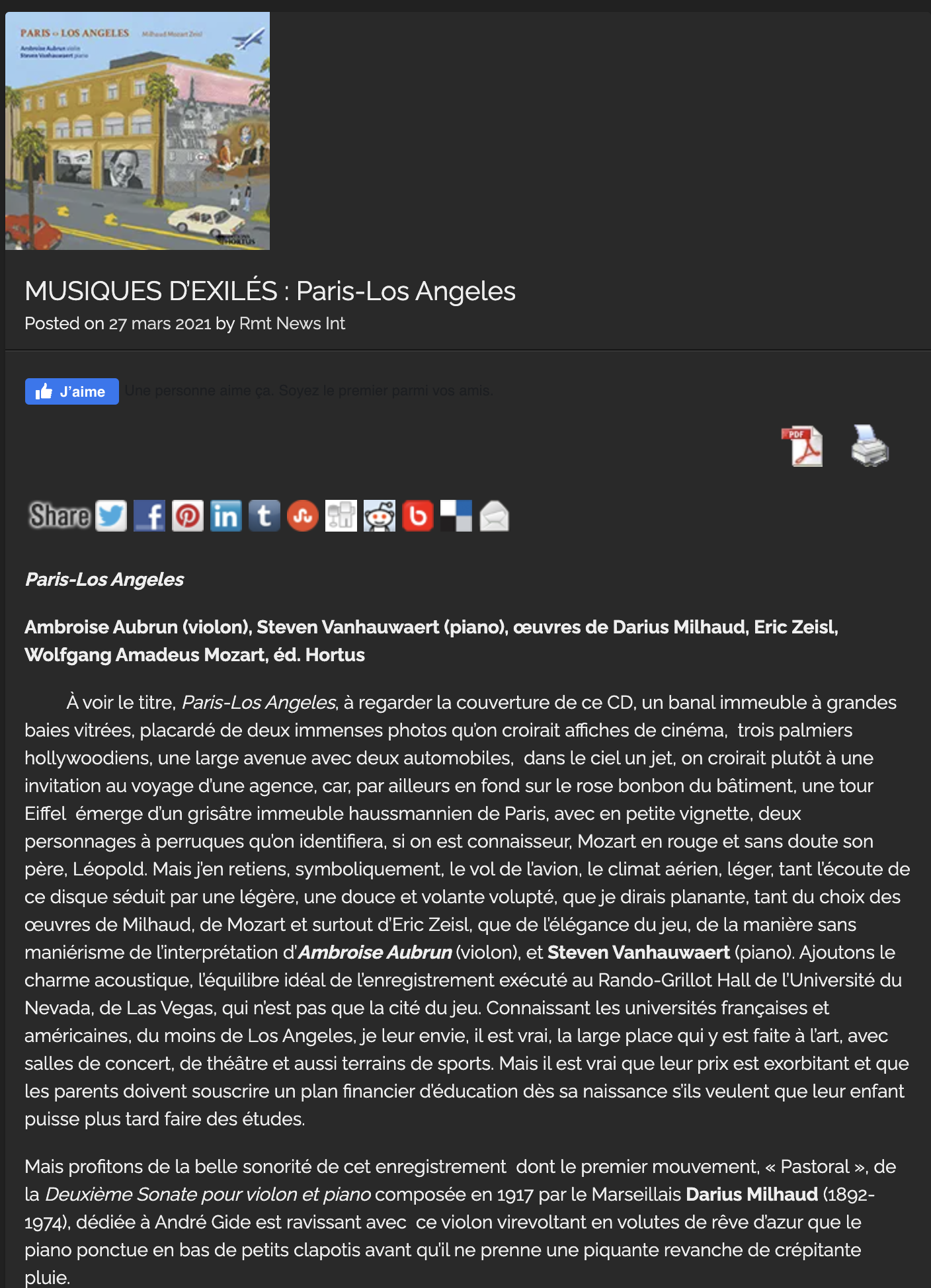 New review of our album Paris <> Los Angeles in RMT News International