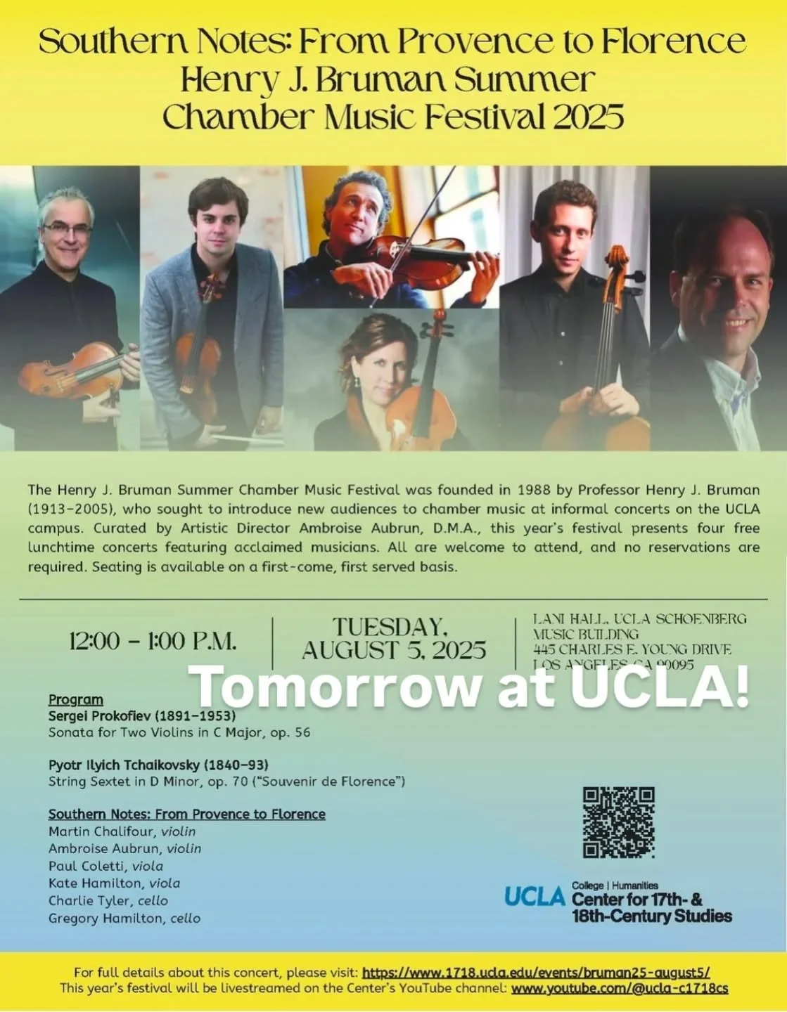 Tomorrow: Prokofiev Sonata for two violins and Tchaikovsky Souvenir de Florence. With @martinvchalifour, Paul Coletti, Kate Hamilton, @cellocharles and Greg Hamilton.
Concert at Lani Hall at noon. Free admission!