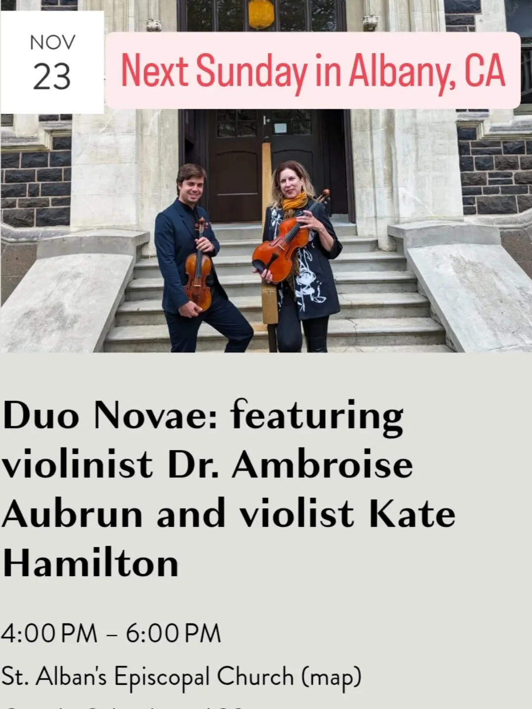 San Francisco Area Friends: I will be playing a recital next Sunday with Kate Hamilton. If you are around, we would love to see you there!

#violin #viola #chambermusic
