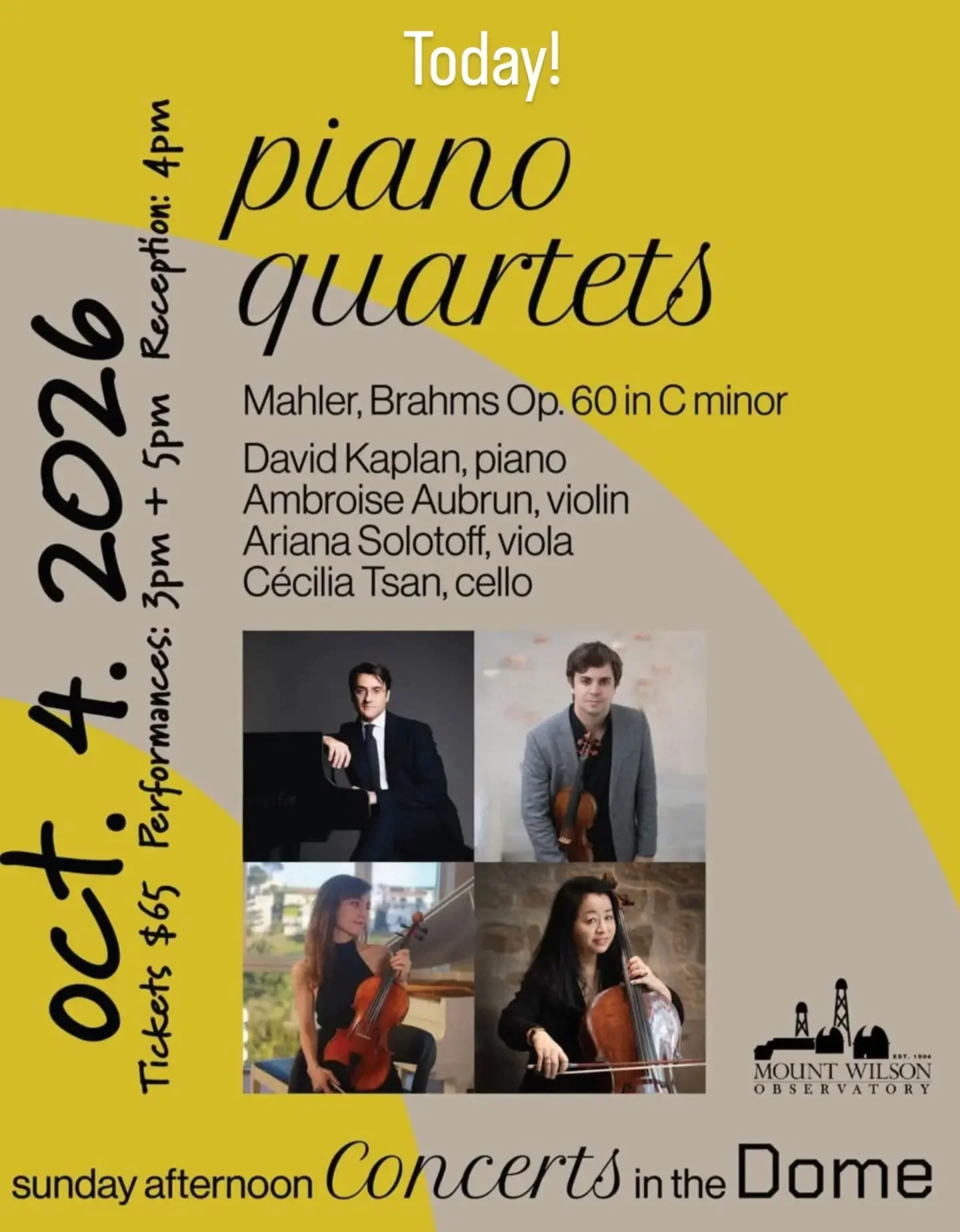Today in the dome of the Mount Wilson Observatory. 2 concerts: Brahms C minor and Malher piano quartets with @ariana_solotoff @cecilia_tsan and @kaplanpiano