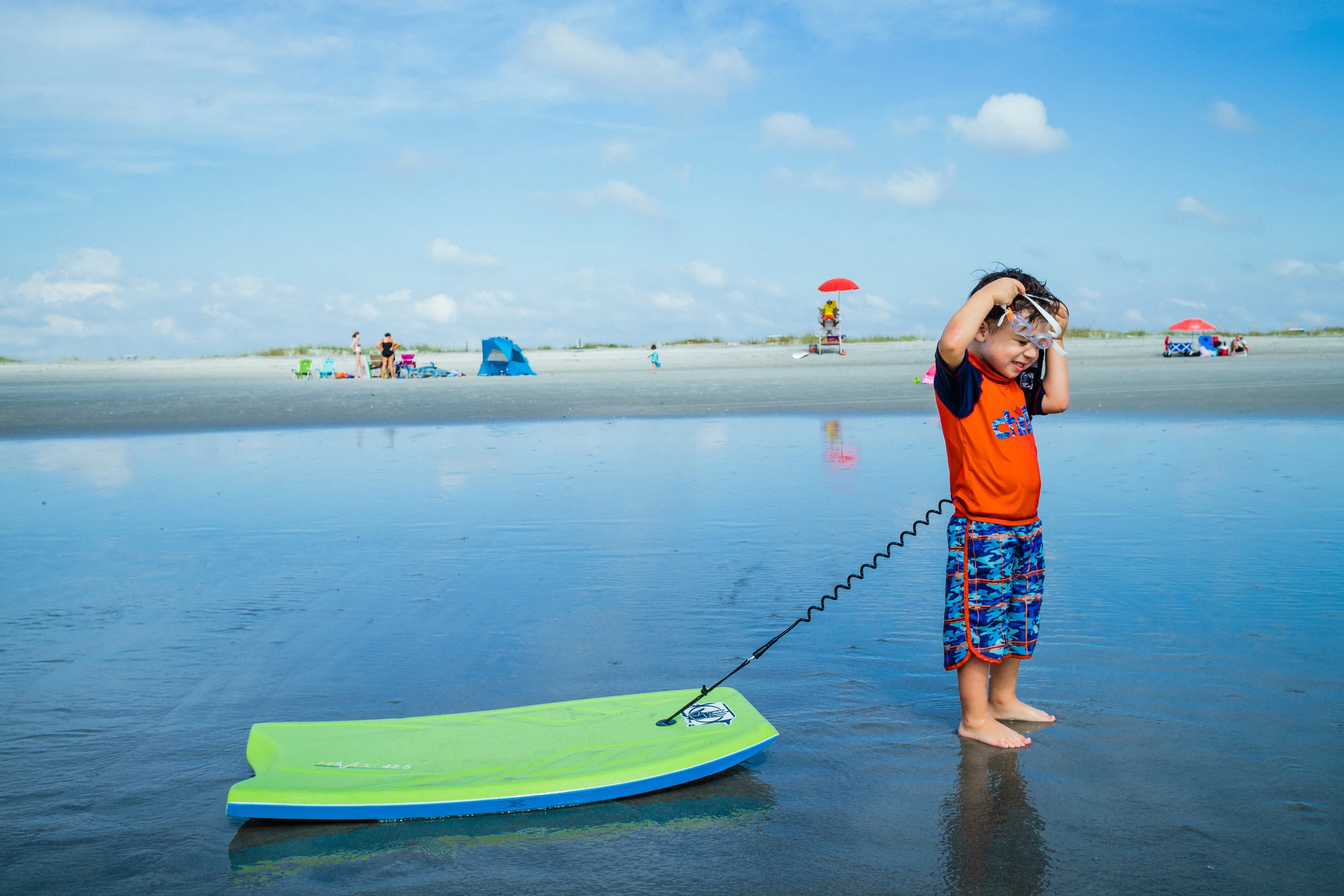 Getting set up for surfing. 