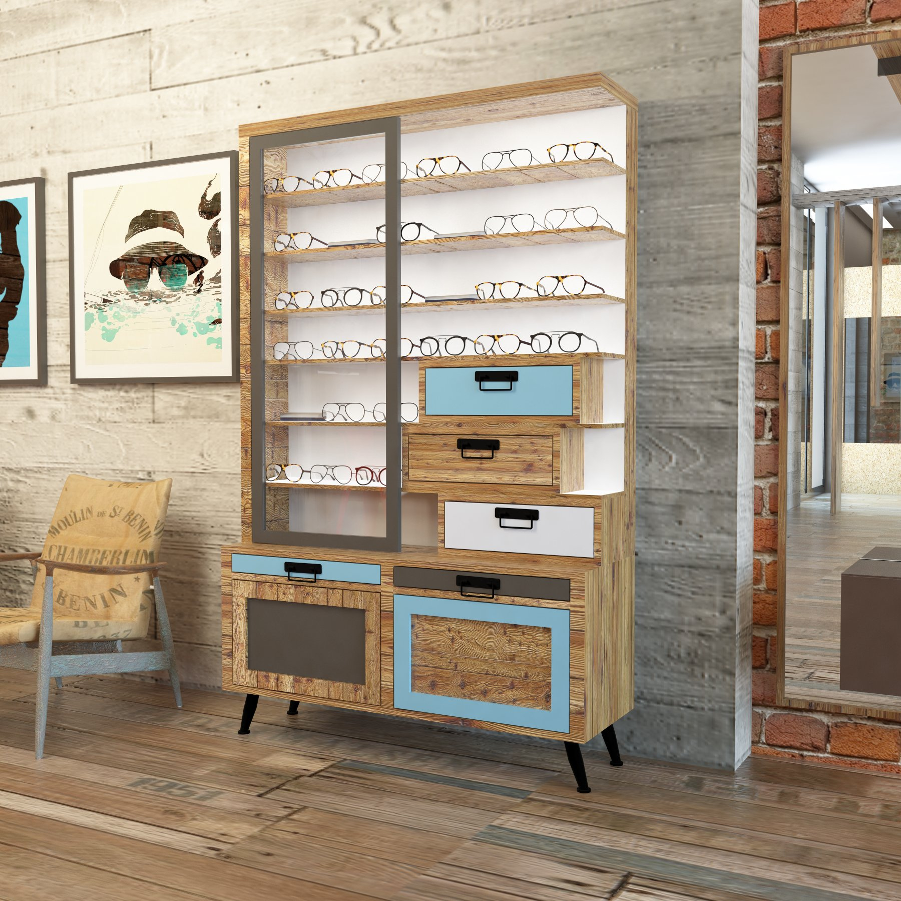 INDUSTRIAL CHIC Have a look at a new display design. An industrial style, with custom reclaimed wood cabinetry. Sleek LED lighting is guaranteeing an optimized shadow free frame presentation. VISION WORKS