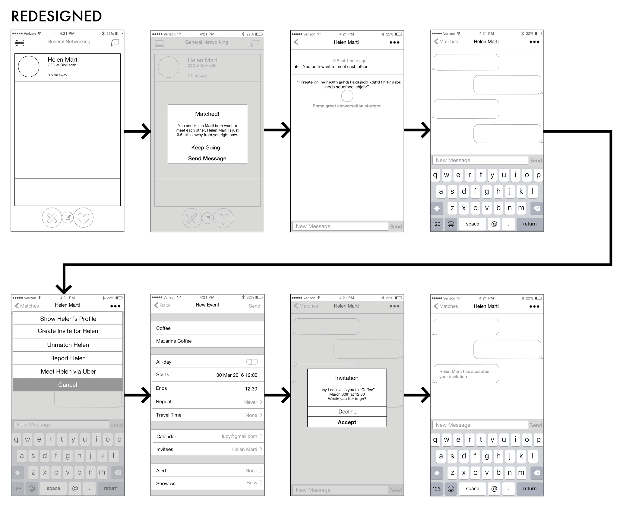 These are the redesigned wireframes including the new feature of creating an invite in the menu.