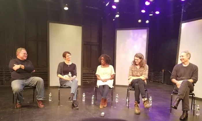 From left: Steve Mirsky, Deb Laufer, Mandë Holford, Lucas Hnath, Brian Greene