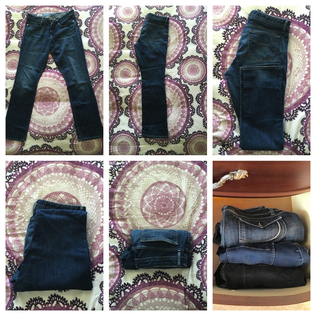 I used to work at a boutique and learned this awesome method for folding jeans. It allows you to see the pocket design, which is the most distinctive part of jeans usually, and will help you tell all your dark wash pairs apart faster (I know you have more than one!). Start by folding them in half like usual. Then fold the hem to the bottom of the pocket . If you have jeggings without pockets just pretend they exist and still only fold that far. This makes the rest of the folds smooth and makes it possible for the jeans to stand up on their own (and it minimizes wrinkles). Next fold in half by bringing the knee up to the waistband. Finally fold in half again by folding the waistband down. Now place them in your drawers so you can see each pair!