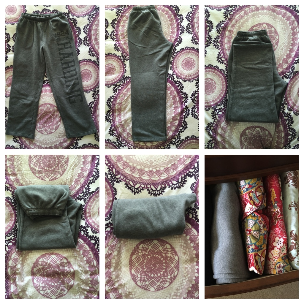 This method also works really well for lounge wear. I demonstrated with a pair of sweats, but use it for your athletic leggings/yoga pants and your pajamas as well! Start by folding in half as usual. Fold the hem to the waistband, or just below it. Then fold the waistband down halfway. Finally fold in half, like you're tucking in a burrito, letting the waistband fit snugly in the center of the fold. This makes a clean edge for your pants and keeps unruly parts tucked away. Now they fit neatly and you can see what you've got! 