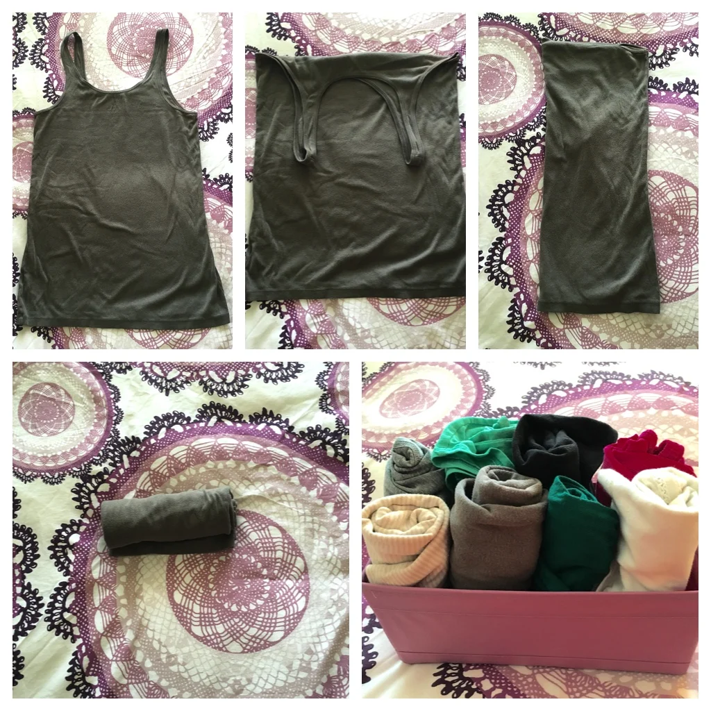 You can fold or roll your tanks, depending on your drawer situation (and size of tanks). Use this method for either way, but instead of rolling as the last step, fold in half twice. I fold the straps in. Then fold in half "hotdog style" so the straps are tucked away. Then roll starting from the top. Using a box/IKEA bin helps a ton keeping them visible and orderly. You may even have a separate box for each type of tank: workout tanks, undershirts, racer back tanks, tanks you only wear with your work uniform, etc. Whatever makes sense for you!