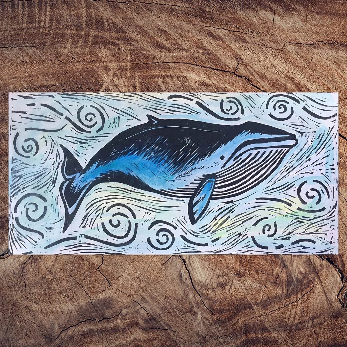 O's Whale (watercolor and linocut print)