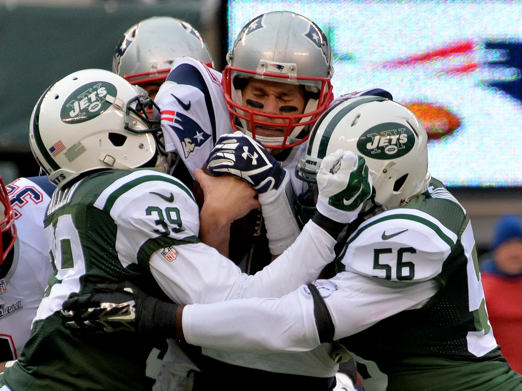 Tom Brady Is Sacked By Antonio Allen (39) and Demario Davis (56)&nbsp;  MetLife Stadium, New Jersey&nbsp; 