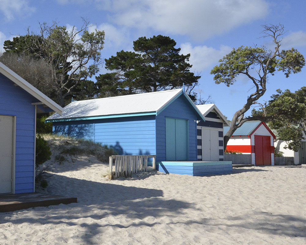 A row of colorful beach houses on a sandy beach, with trees and a blue sky in the background - taken in Rosebud on the Mornington Peninsula Victoria