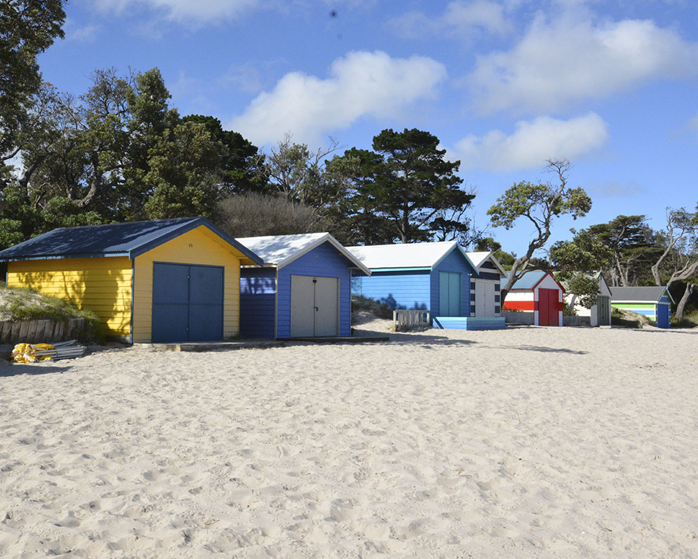 Row of colorful beach huts on sandy beach with trees and blue sky in the background.