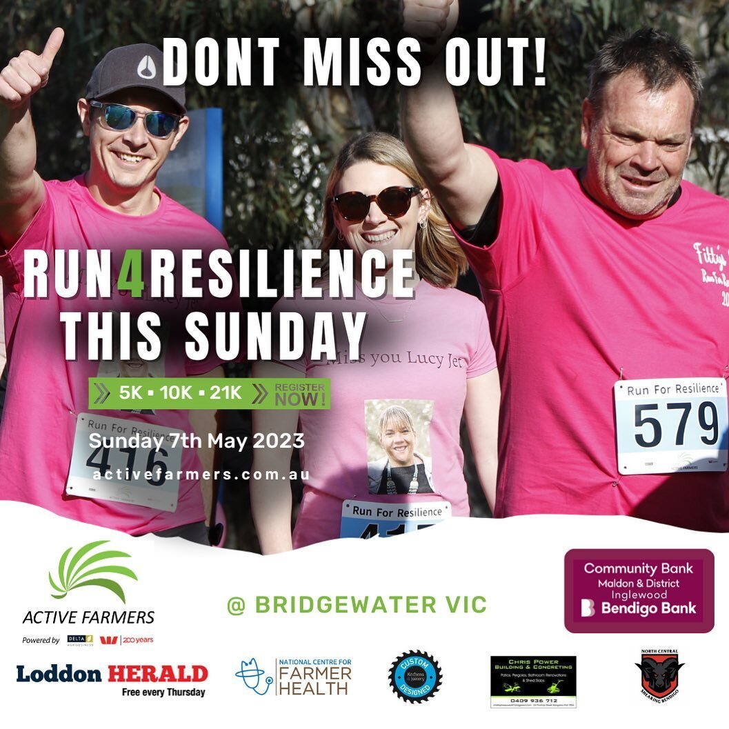 6 Days to go!!!!! This is the final week to sign up for our 5km, 10km or 21km Run for resilience in Bridgewater, Victoria! 

So come down to the Bridgewater Recreation this Sunday and support Active Farmers! 

Sign up on the Active Farmers Website ! 