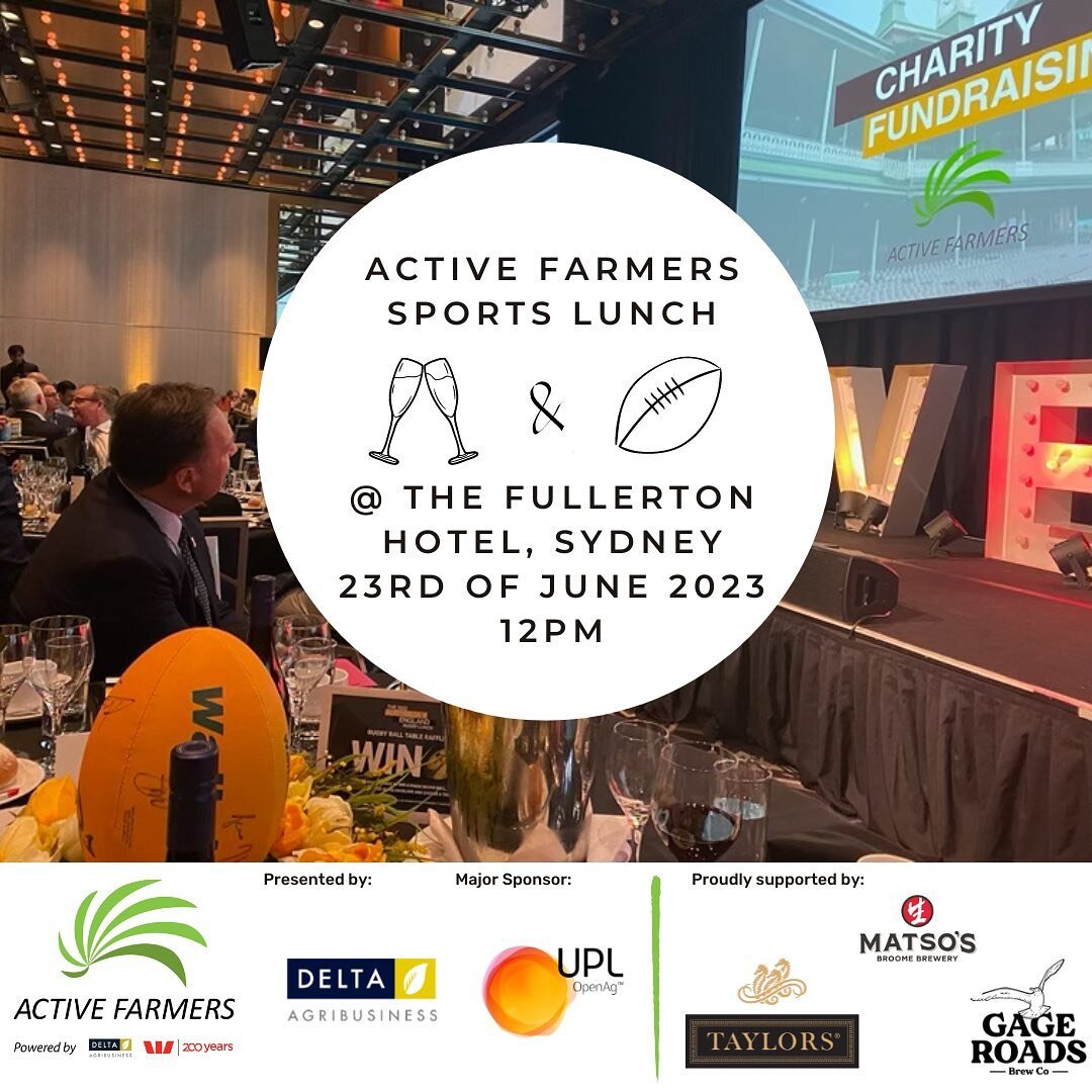 Please join Active Farmers, at the Fullerton Hotel on the 23rd of June, for our Sports Lunch! 

With our MC Nick Mcardle, Kerry O&rsquo;Keefe, Lisa Sthaleker and Justin Harrison will be joining us to help raise money for a great cause! With entertain