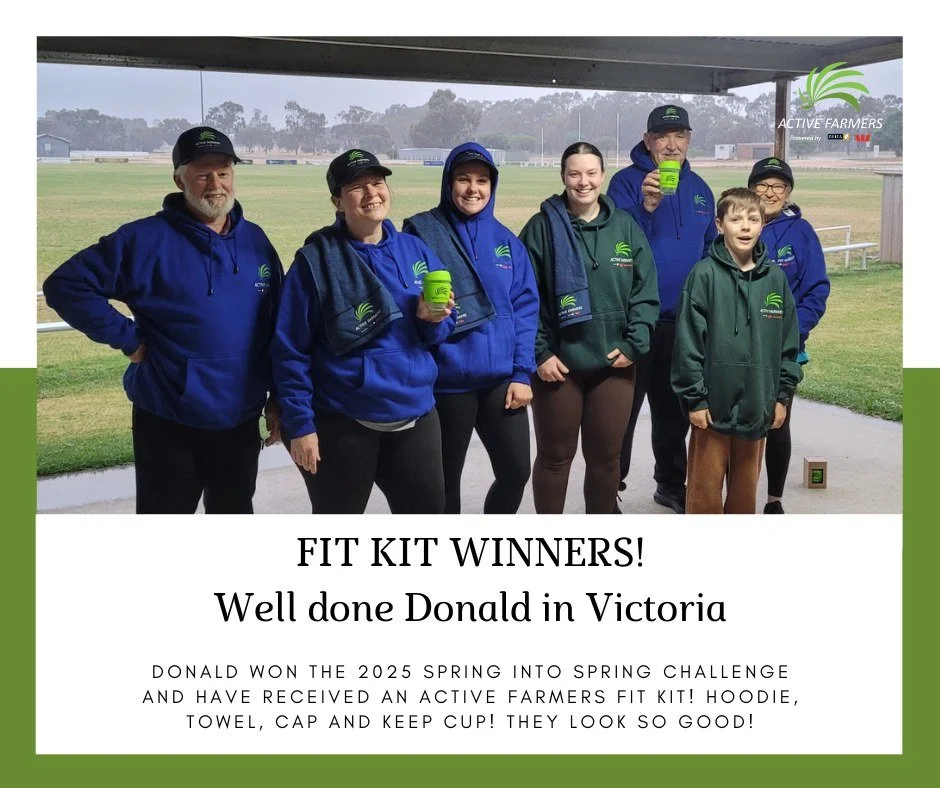 🌾 Champions of the 2025 Spring into Spring Challenge – Donald, Victoria! 💪
Check out the Donald crew rocking their brand new Active Farmers Fit Kit — hoodies, caps, towels and keep cups — all well-deserved after taking out the to