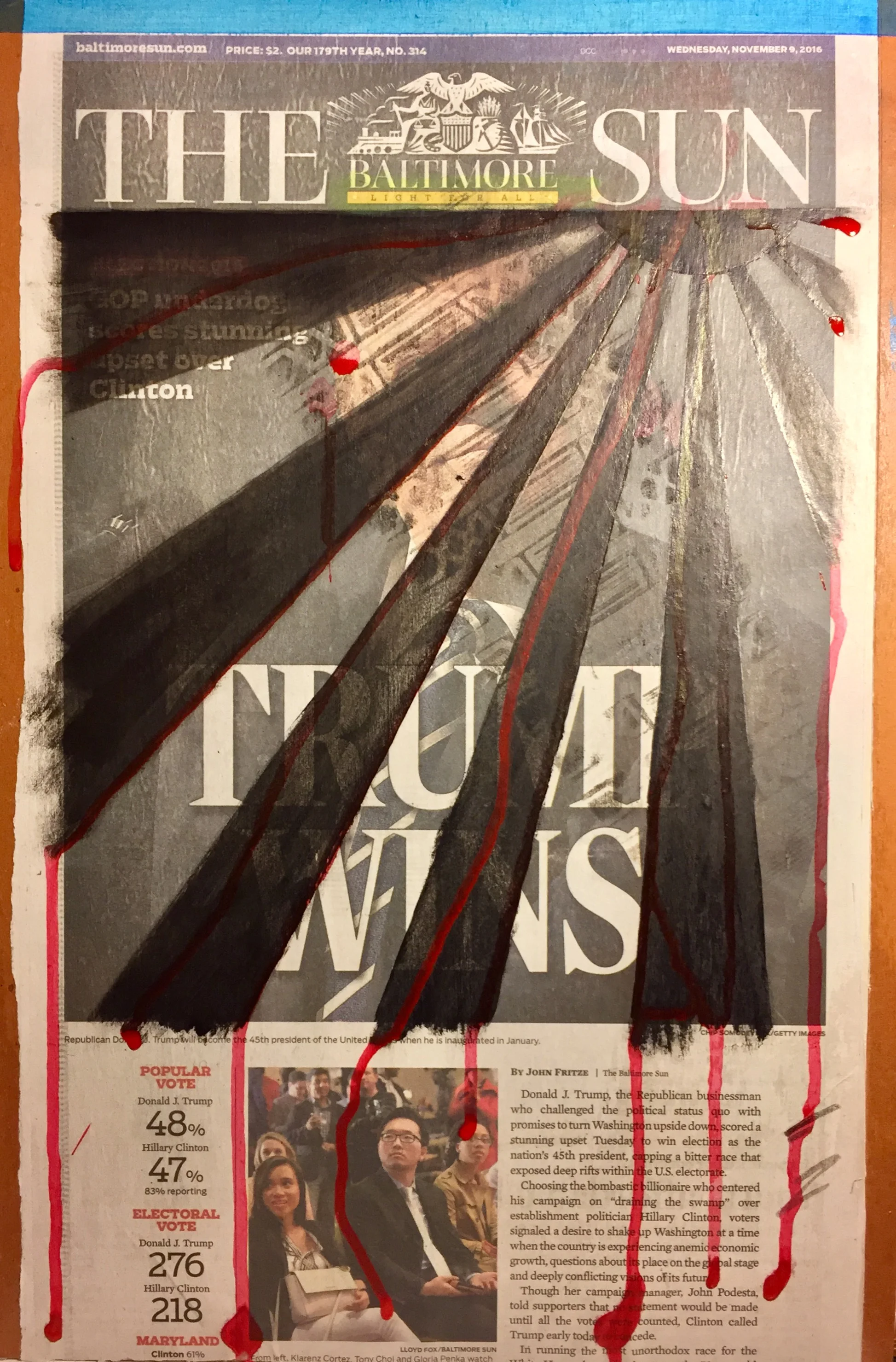 "The sun bleeds over America" Acrylic, soot and graphite on newsprint on board" 18 x 12 inches