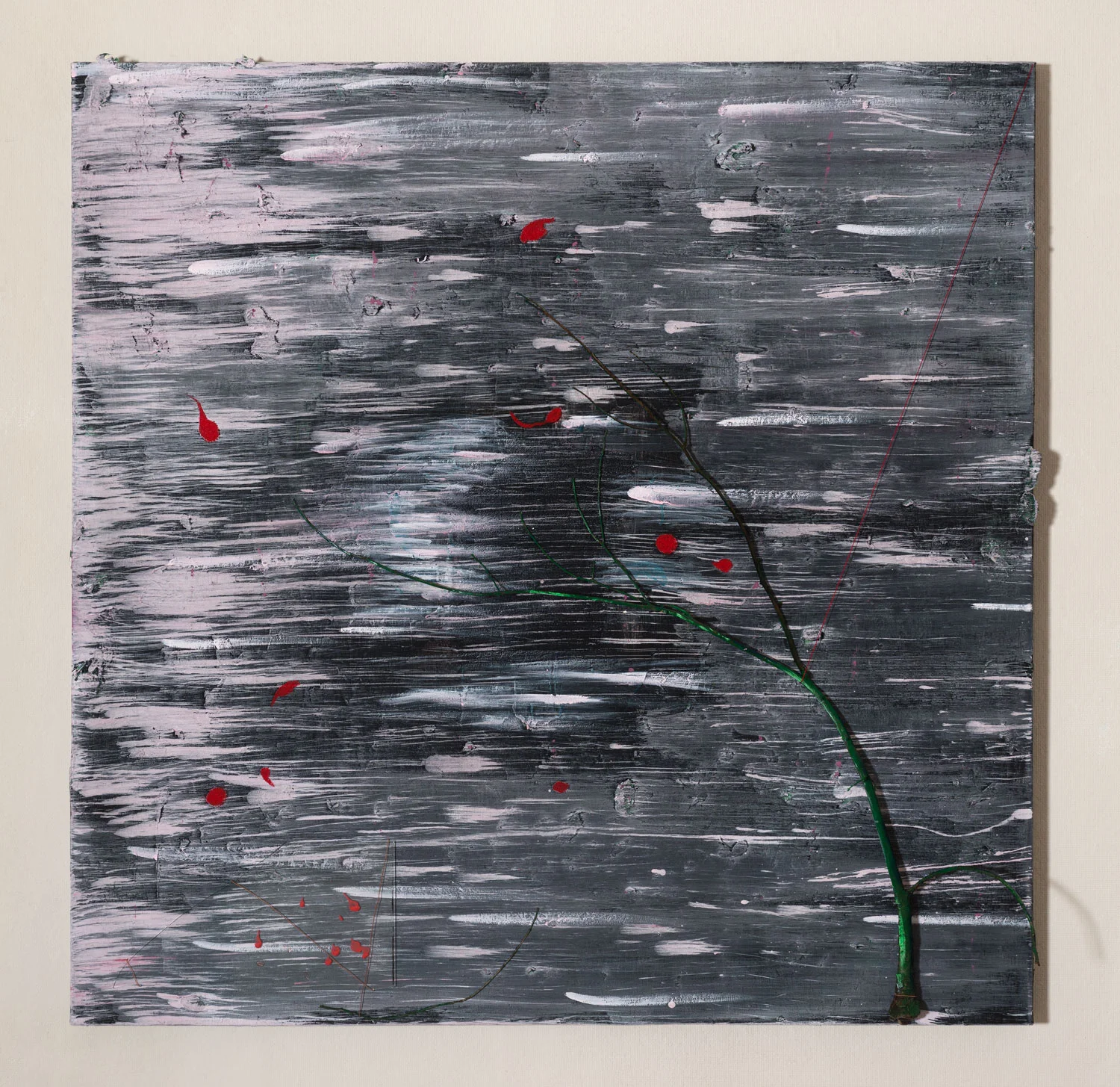 Wherewithout Acrylic, branch, lint, glass, copper & rayon on linen 36" x 36"