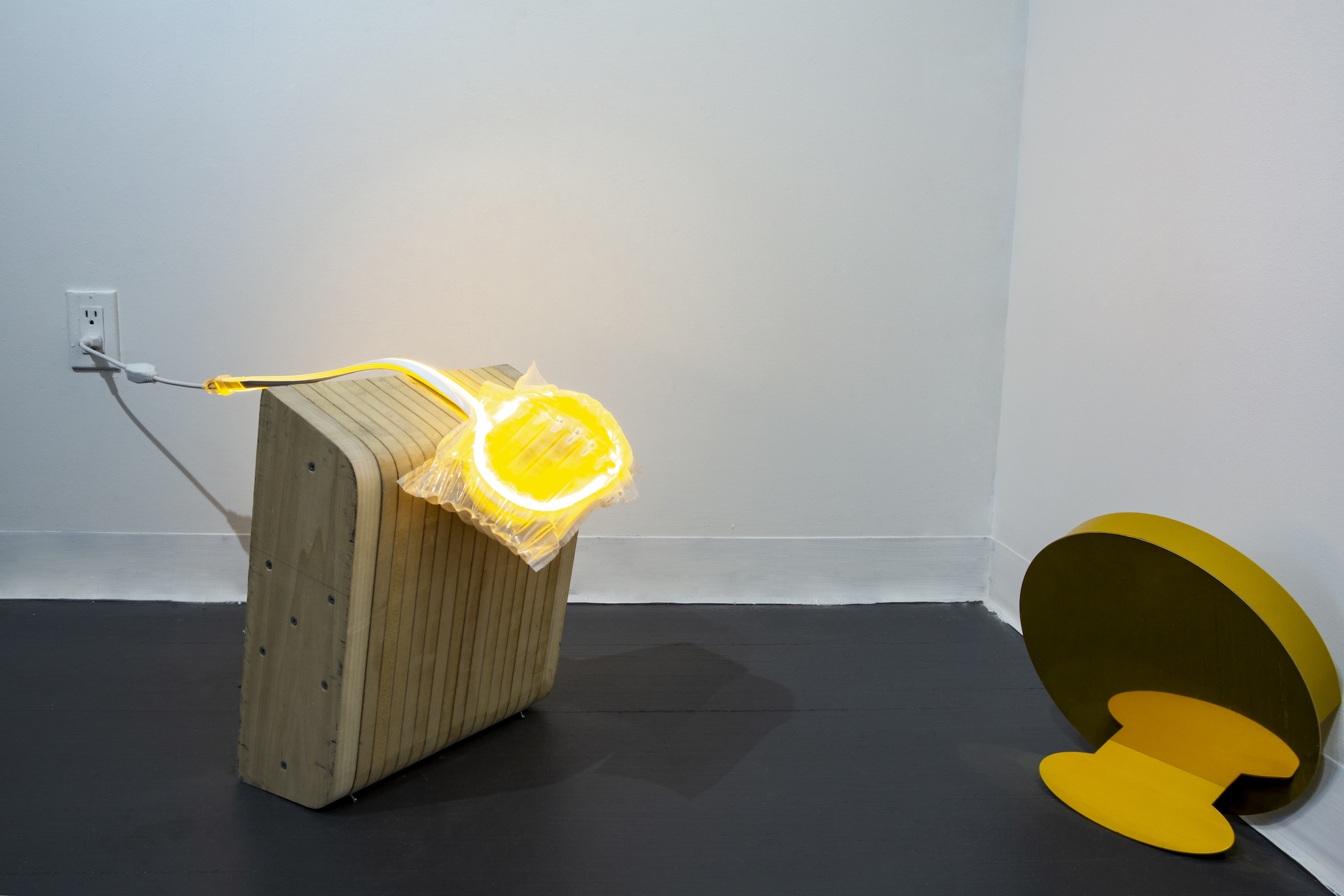    You’ve also been naughty lately!    Found wooden block and sculpture, LED light strip, used air bubble bag and plastic bag, and screw  Left: Approx. 38 x 12 6/8 x 15 7/8 inches  Right: Approx. 12 x 12 x 1 6/8 inches  2018 