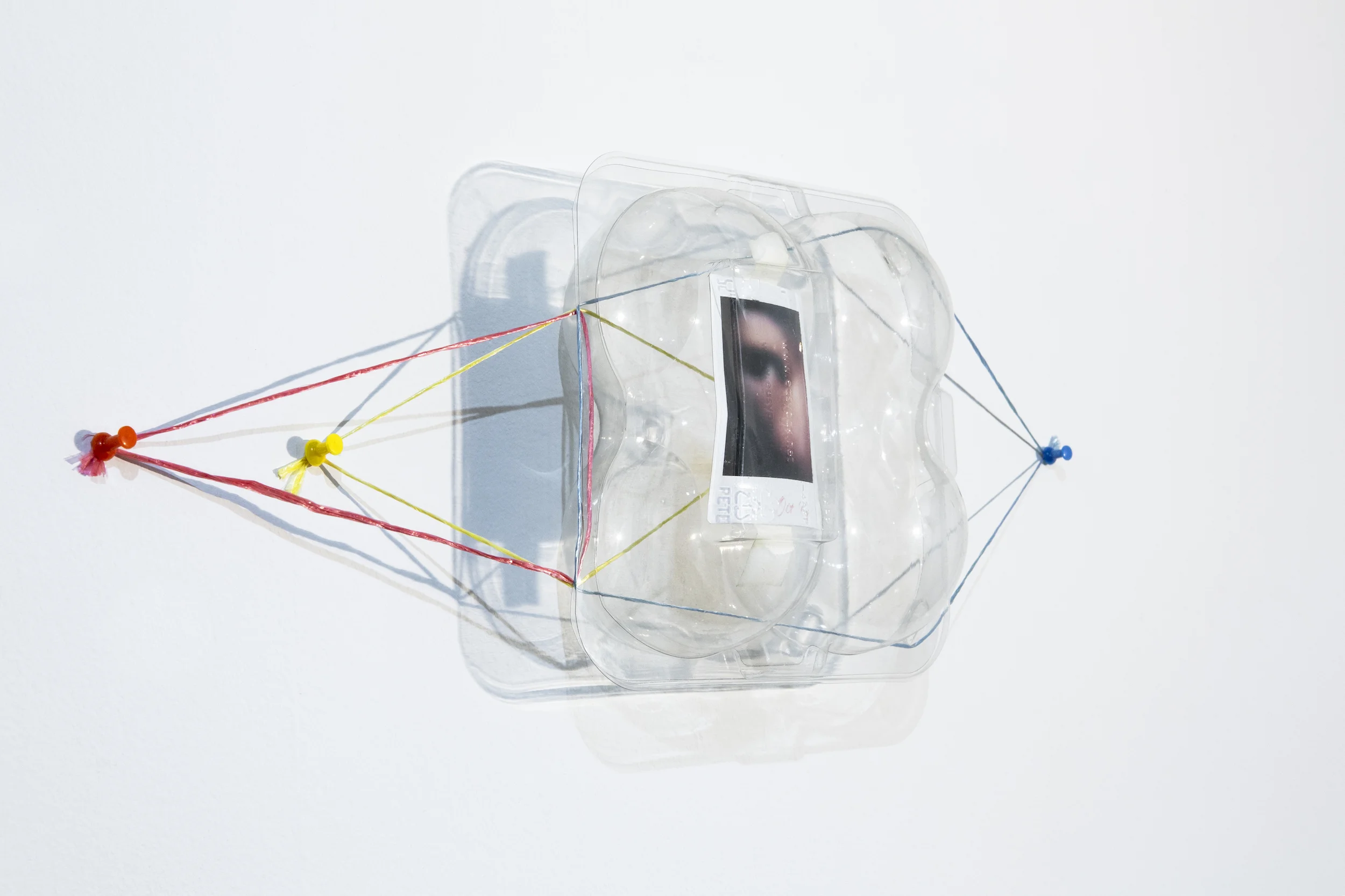 The time bender (detail) Used fruit packaging, Instax photo, artist tape, raffia string, and pin 19 1/2 x 7 1/2 x 3 6/8 inches 2018