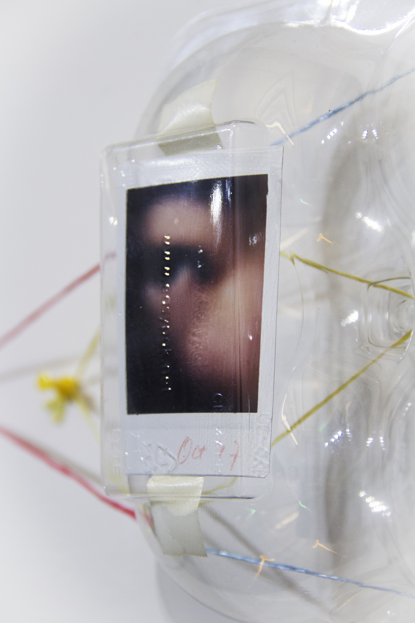    The time bender   (detail)  Used fruit packaging, Instax photo, artist tape, raffia string, and pin  19 1/2 x 7 1/2 x 3 6/8 inches  2018 