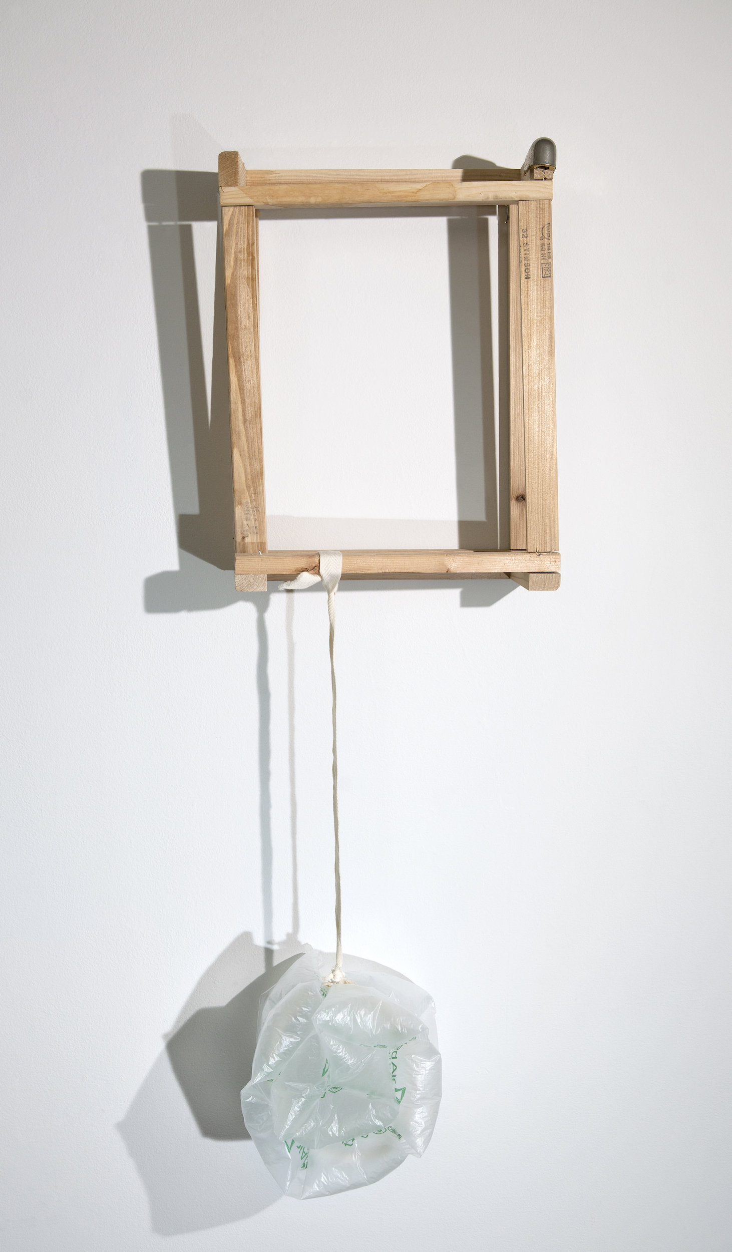    The burden    Found wooden frame and metal cap, used canvas tie and air bubble cushion, and T-pin  Approx. 39 x 13 x 10 inches  2018 