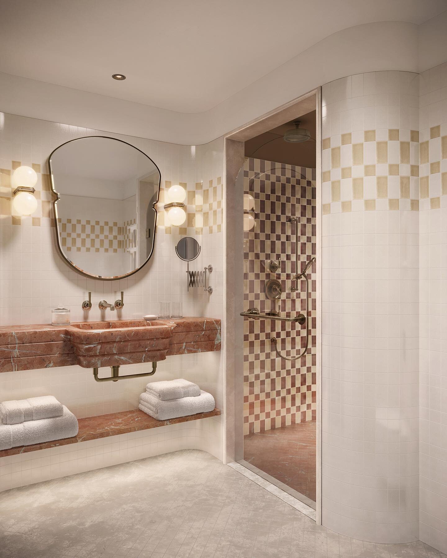 A glimpse of the en-suites at @thenewmanlondon 

Inspired by beautiful glazed Victorian facades and Art Deco motifs of Fitzrovia.

Launching late 2024

~~~

#hoteldesign #londondesign #hospitalitydesign #fitzrovia