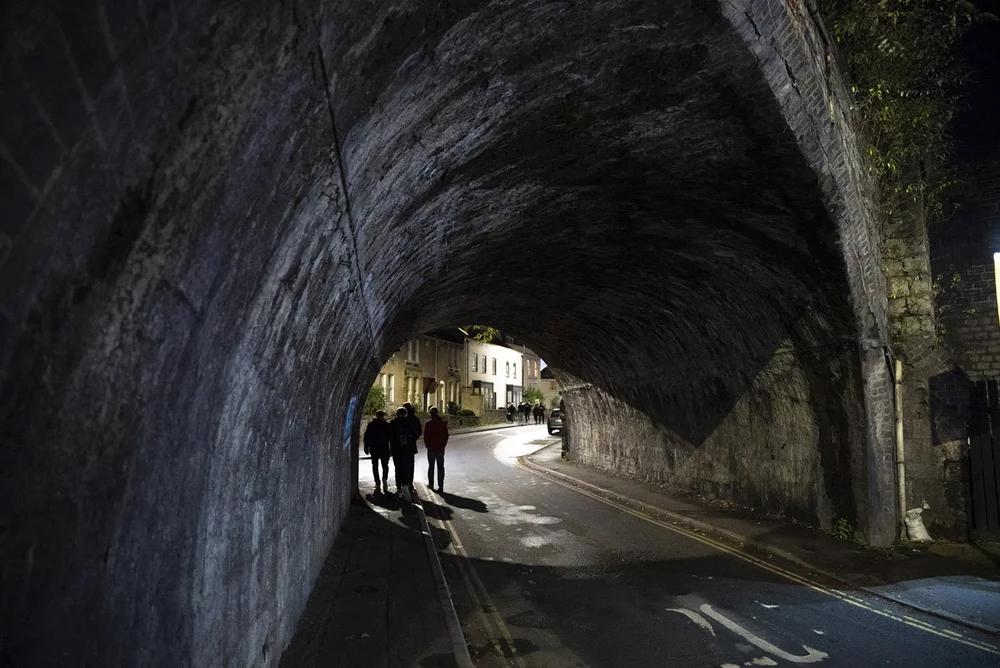 arrival, through the arches.