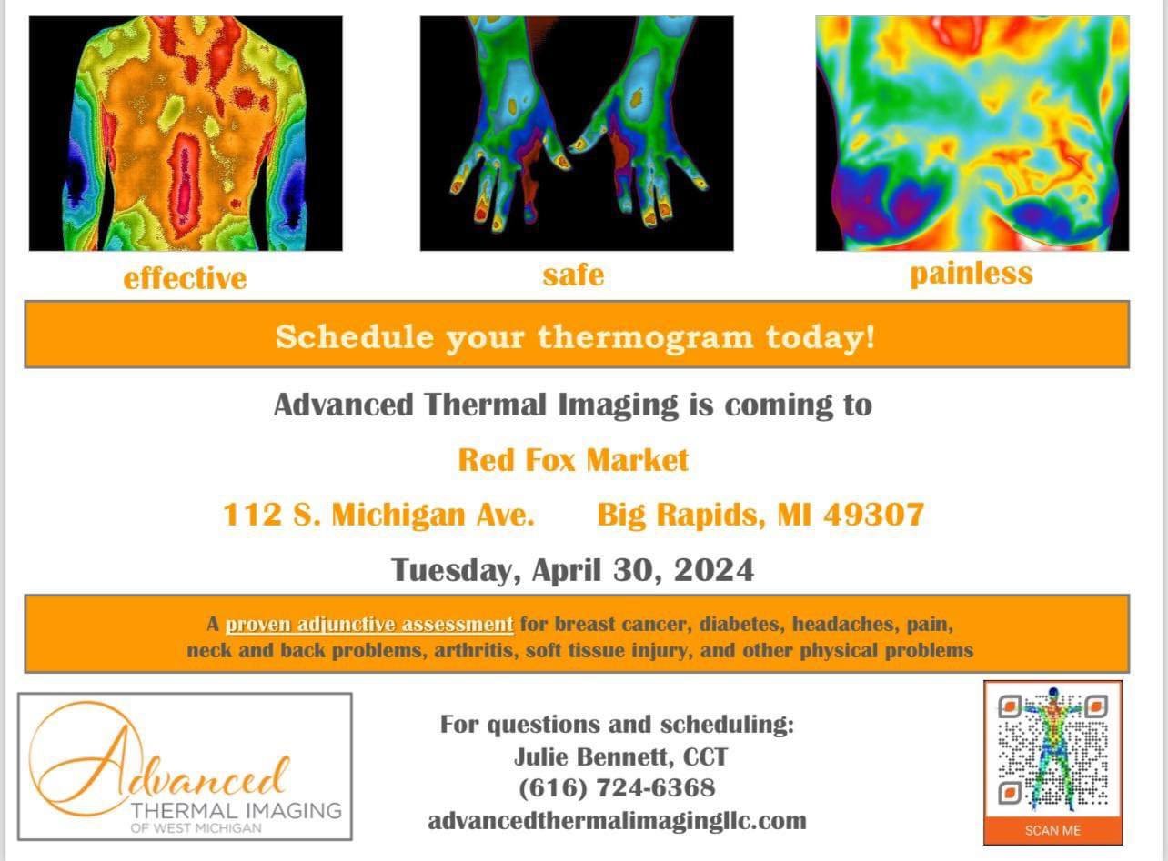Still a few space left! Schedule your Thermal Imaging appointment for April 30th 2024. All appointments are made through Julie Bennett CCT (616) 724-6368. Call for your appointment today! Spaces are limited.  #thermalimaging #thermagram #thermalscree