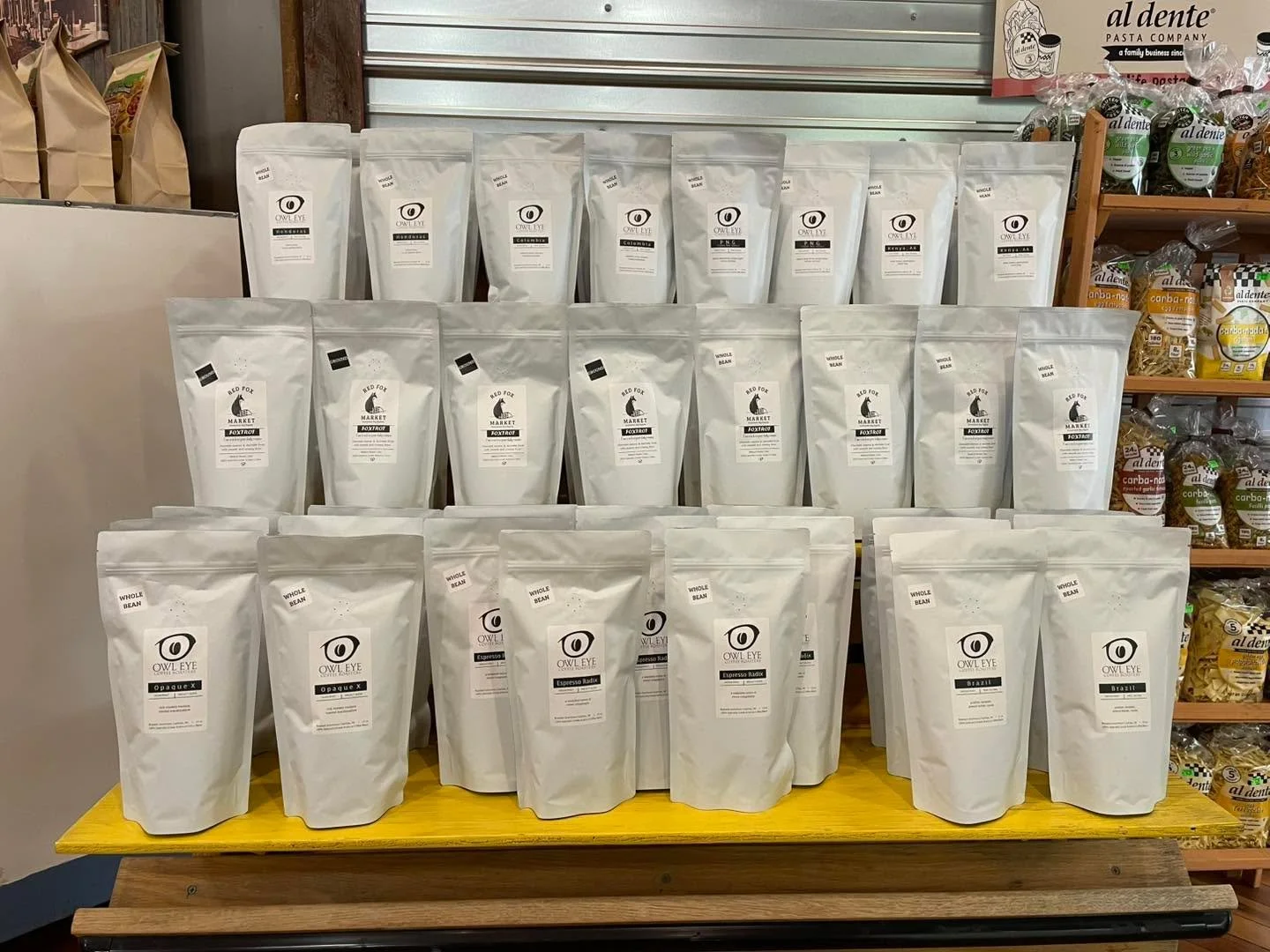 We have owleyecoffeeroasters coffee back in stock! Get your day started with our proprietary Foxtrot blend! #redfoxmarket #shoplocal #downtownbigrapids