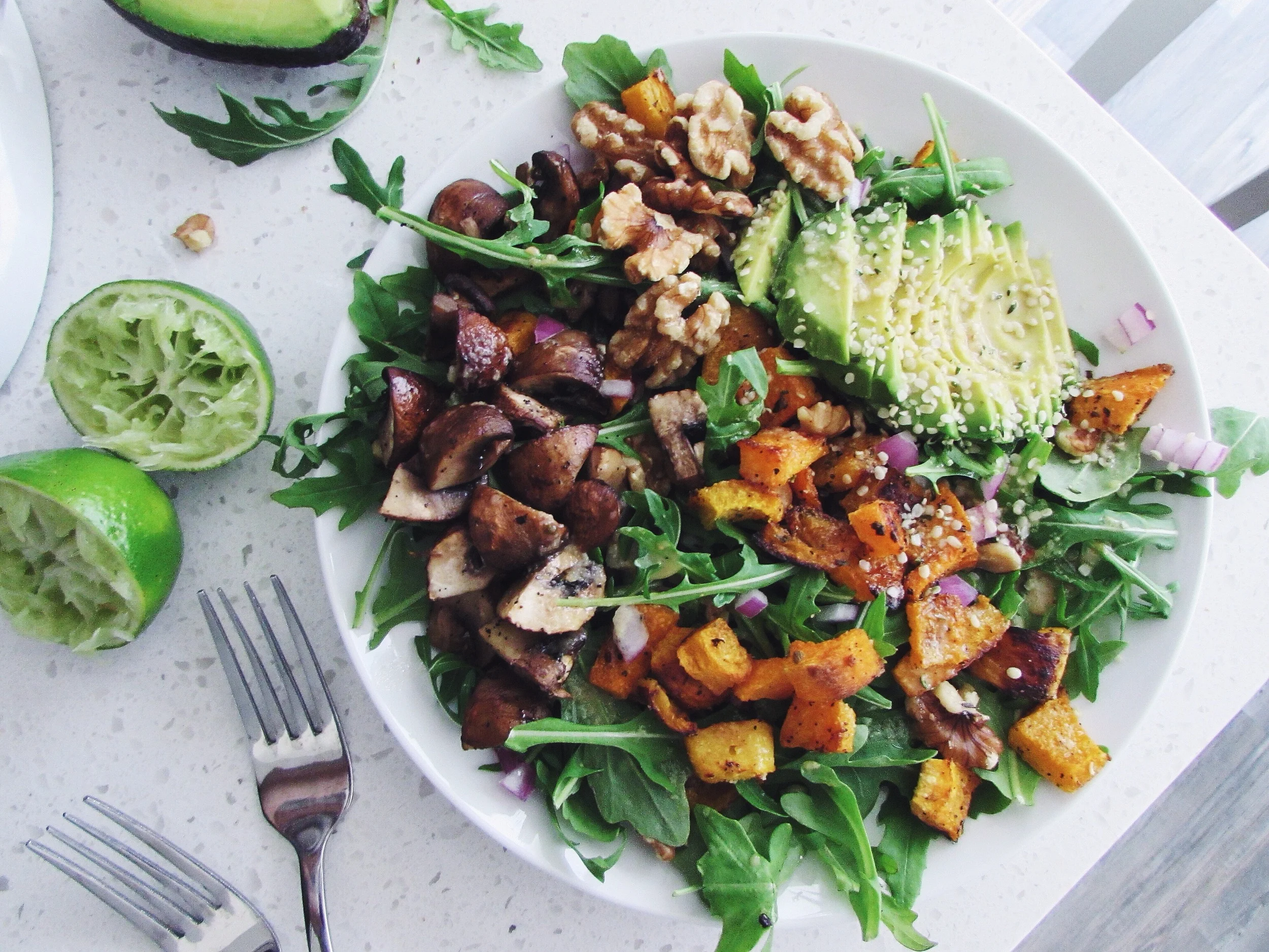 roasted butternut squash + cremini mushroom salad 