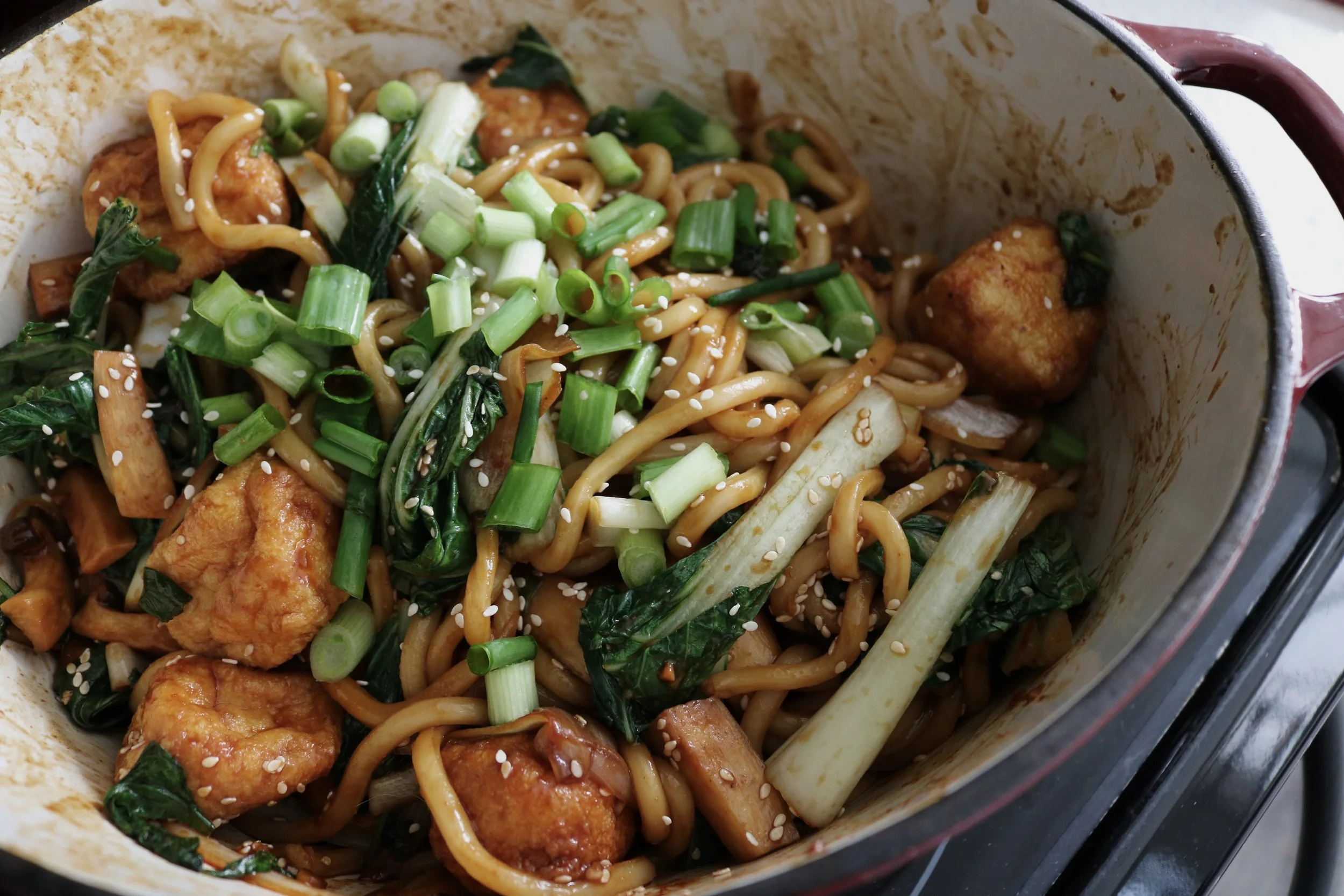 udon noodle stir fry with fried tofu