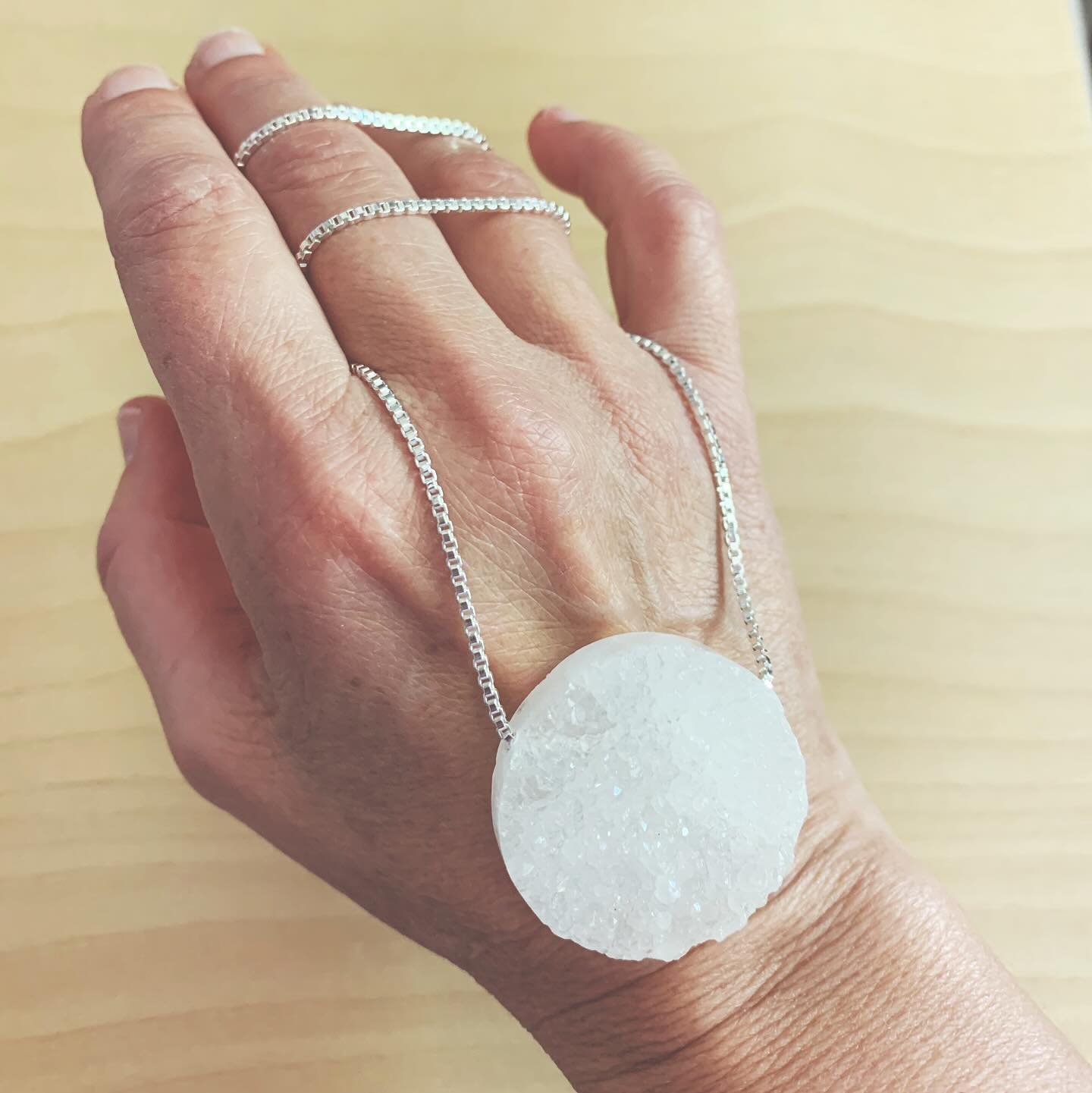 The beautiful rock quartz necklaces are listed - they are limited editions, not sure I will be able to buy more of these stones. Rough and sparkly on the front, smooth on the back, they look like glowing full moons, just so pretty. 🤩