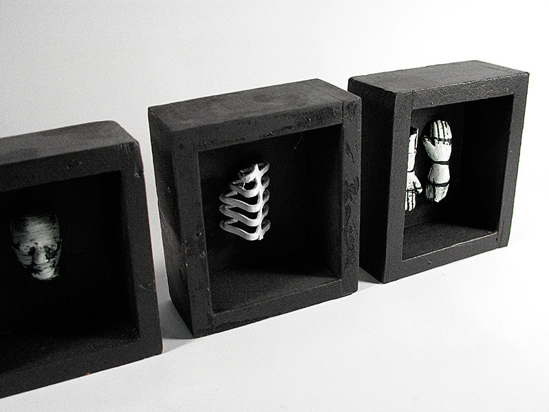 Pain Entombment Boxes, acrylic / plastic / wood / metal, 4X16”, 2006.