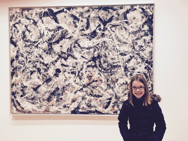 Tess in front of a Jackson Pollock original. I'm sure there's all kinds of creativity I'm missing, but isn't that pretty much paint splattering? "Here you go. That will be one million dollars."