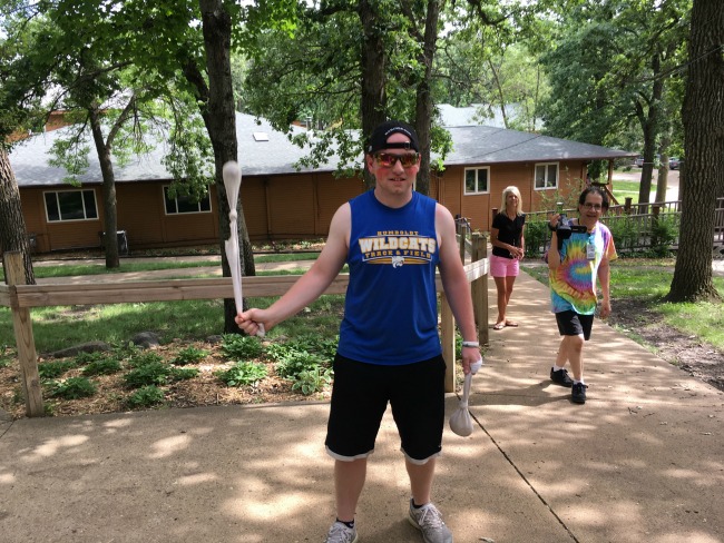 One of the "Bonkers" waiting to tag campers as they complete a scavenger hunt around the grounds.