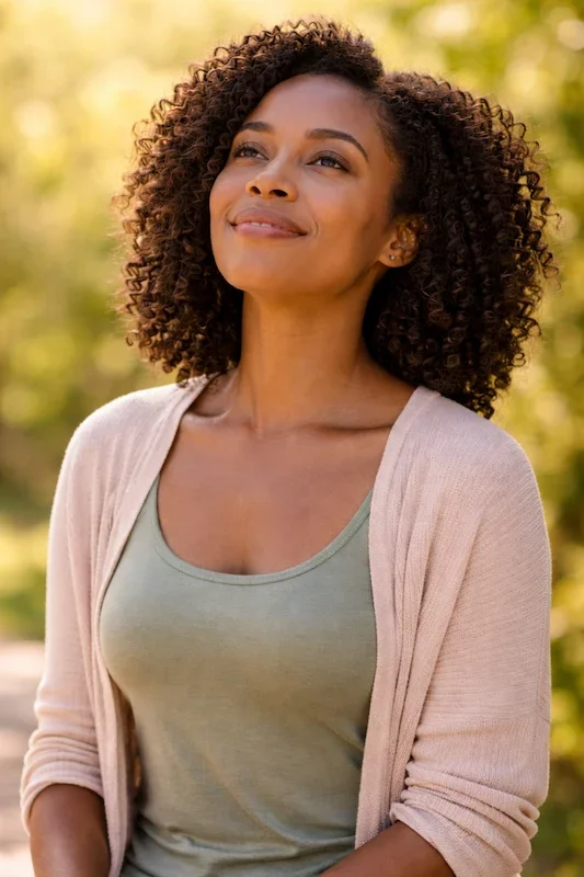 A woman smiling and looking up